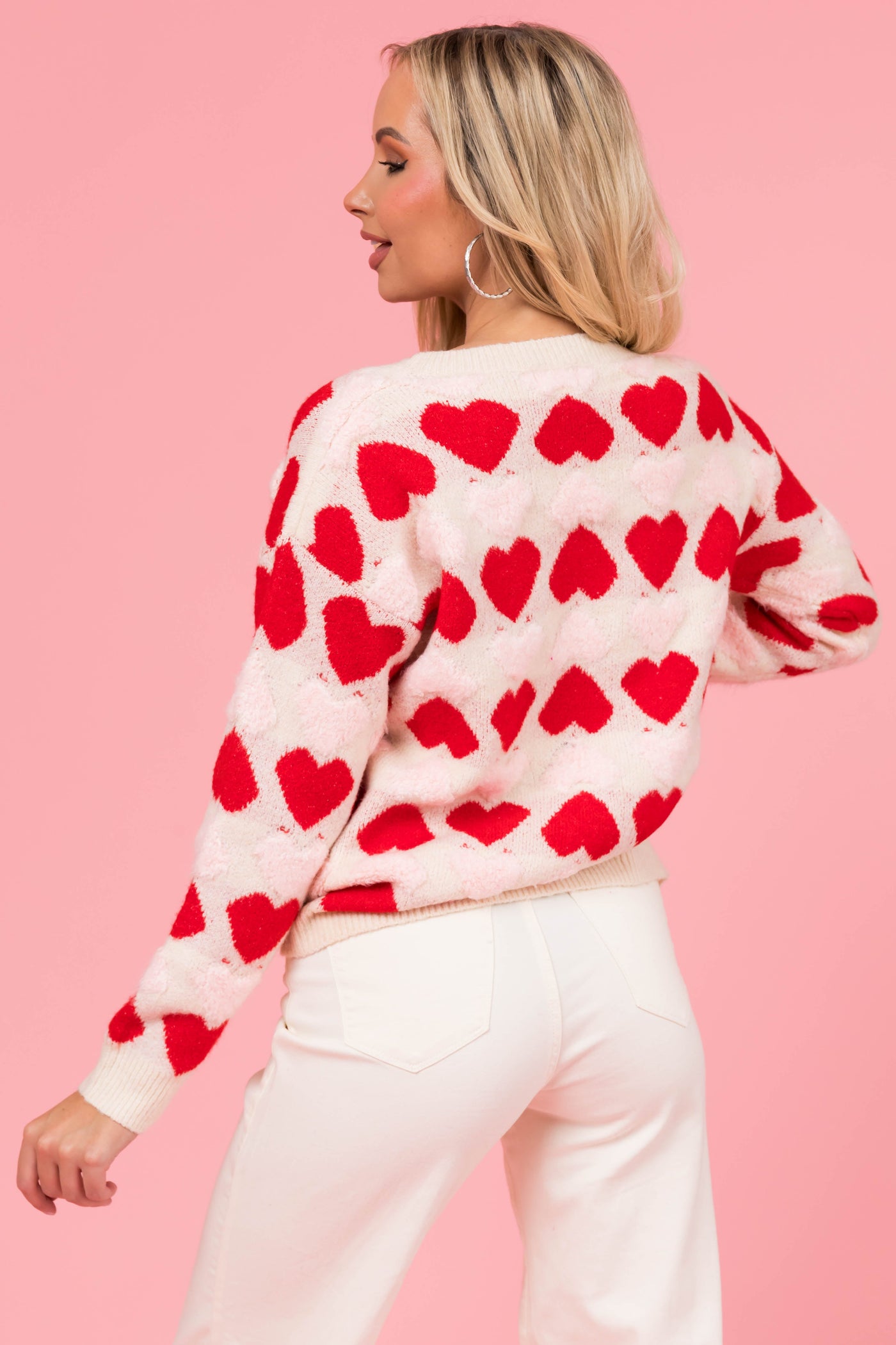 Cream Heart Print Fuzzy Knit Sweater