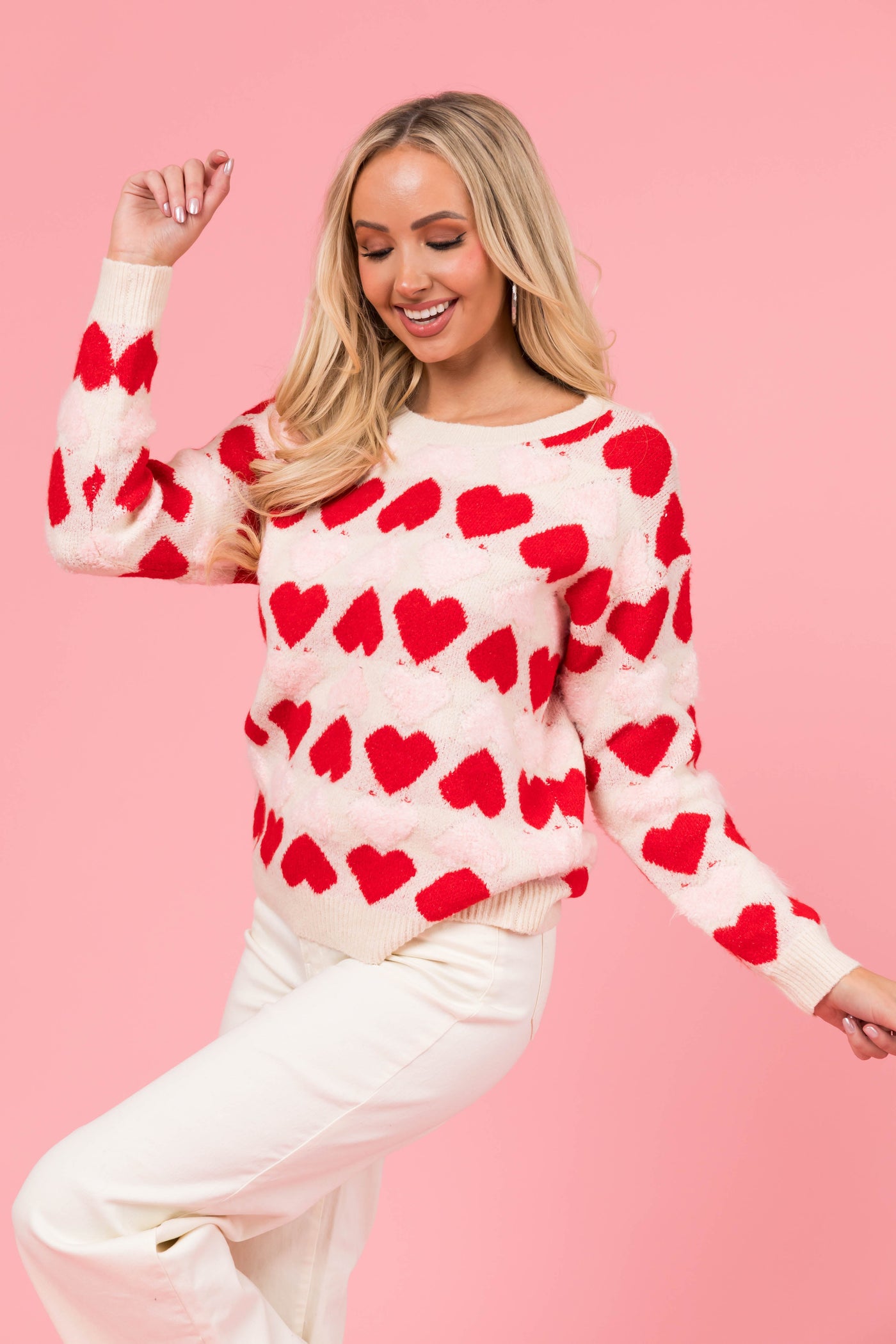 Cream Heart Print Fuzzy Knit Sweater