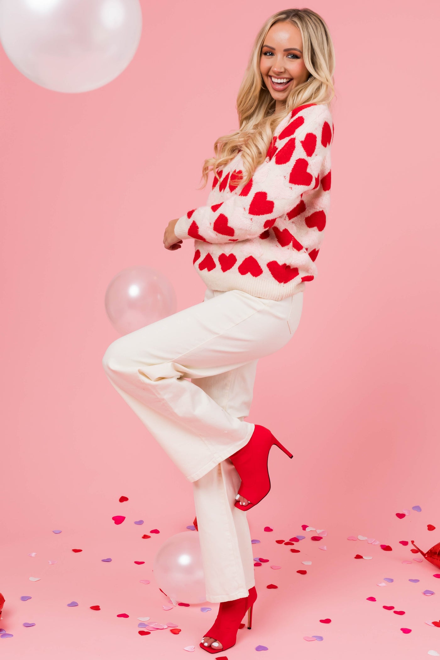 Cream Heart Print Fuzzy Knit Sweater