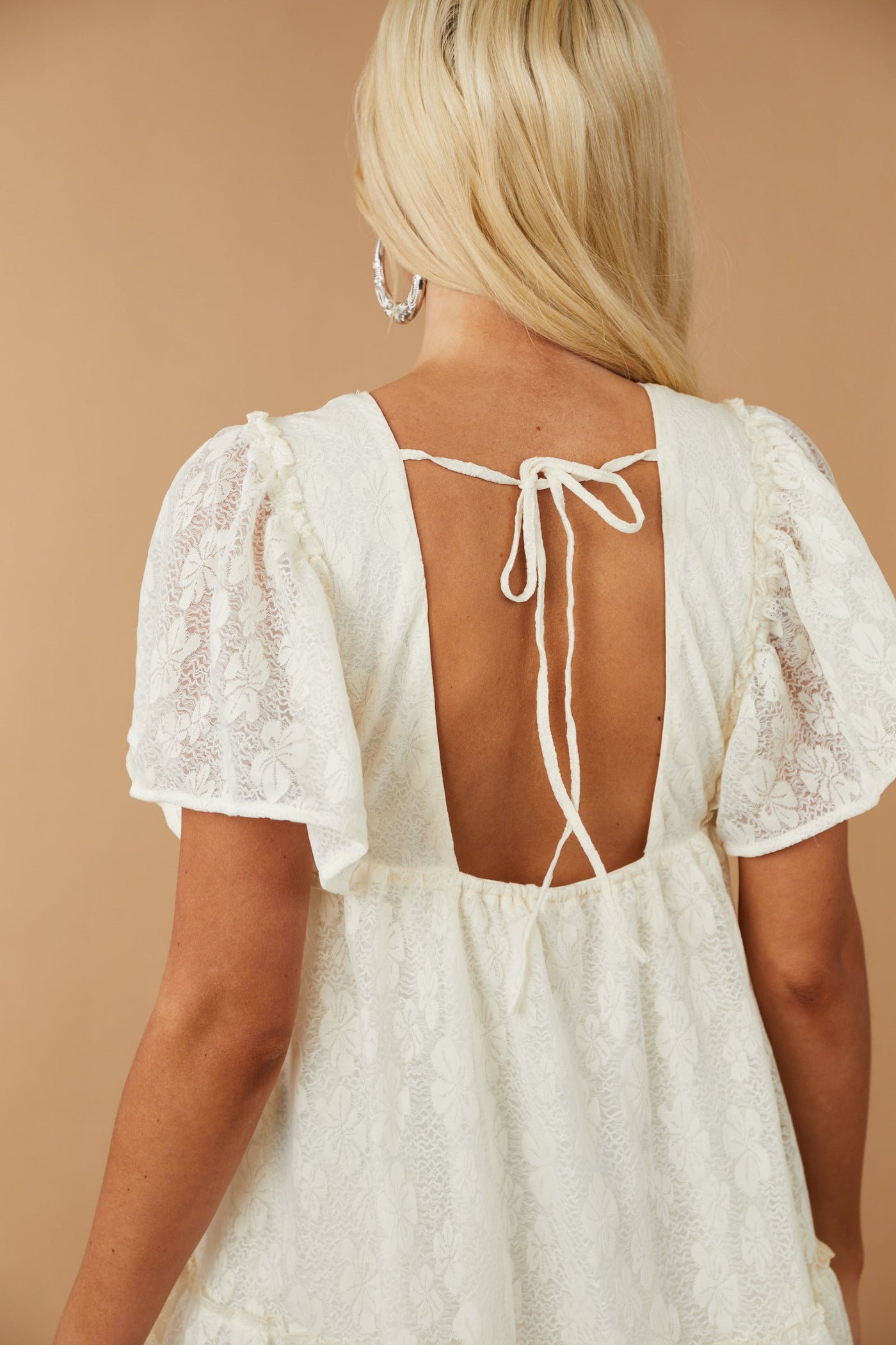 Cream Lace Mini Babydoll Dress with Open Back