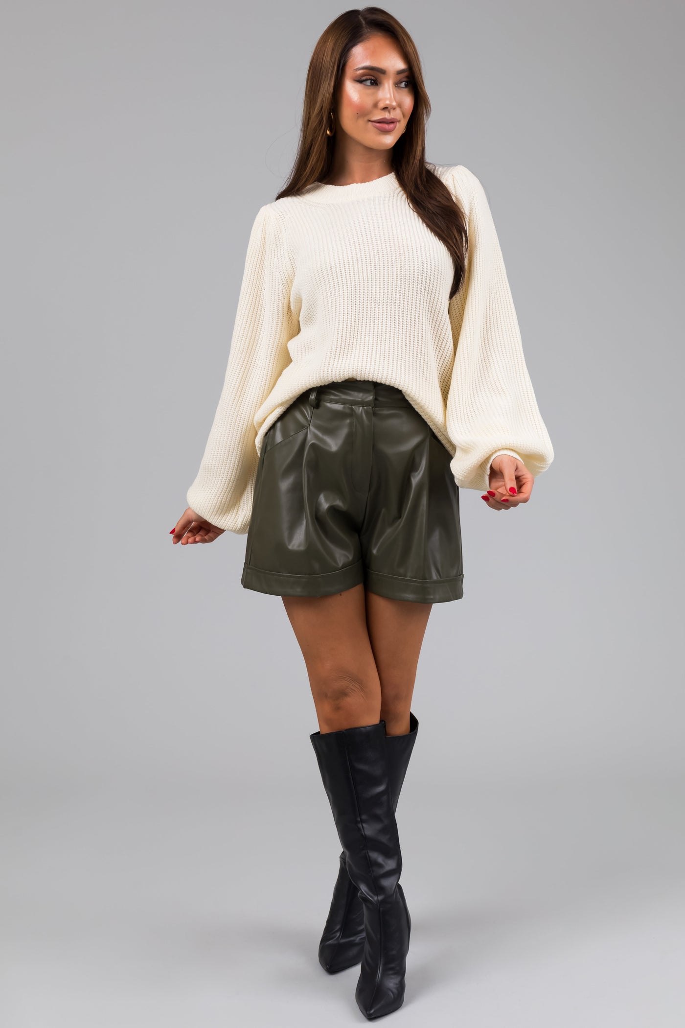 Cream Long Bubble Sleeve Knit Sweater