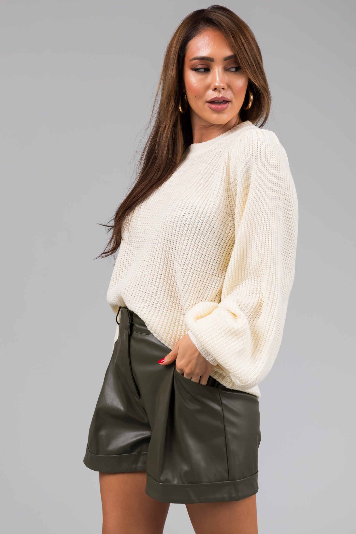 Cream Long Bubble Sleeve Knit Sweater