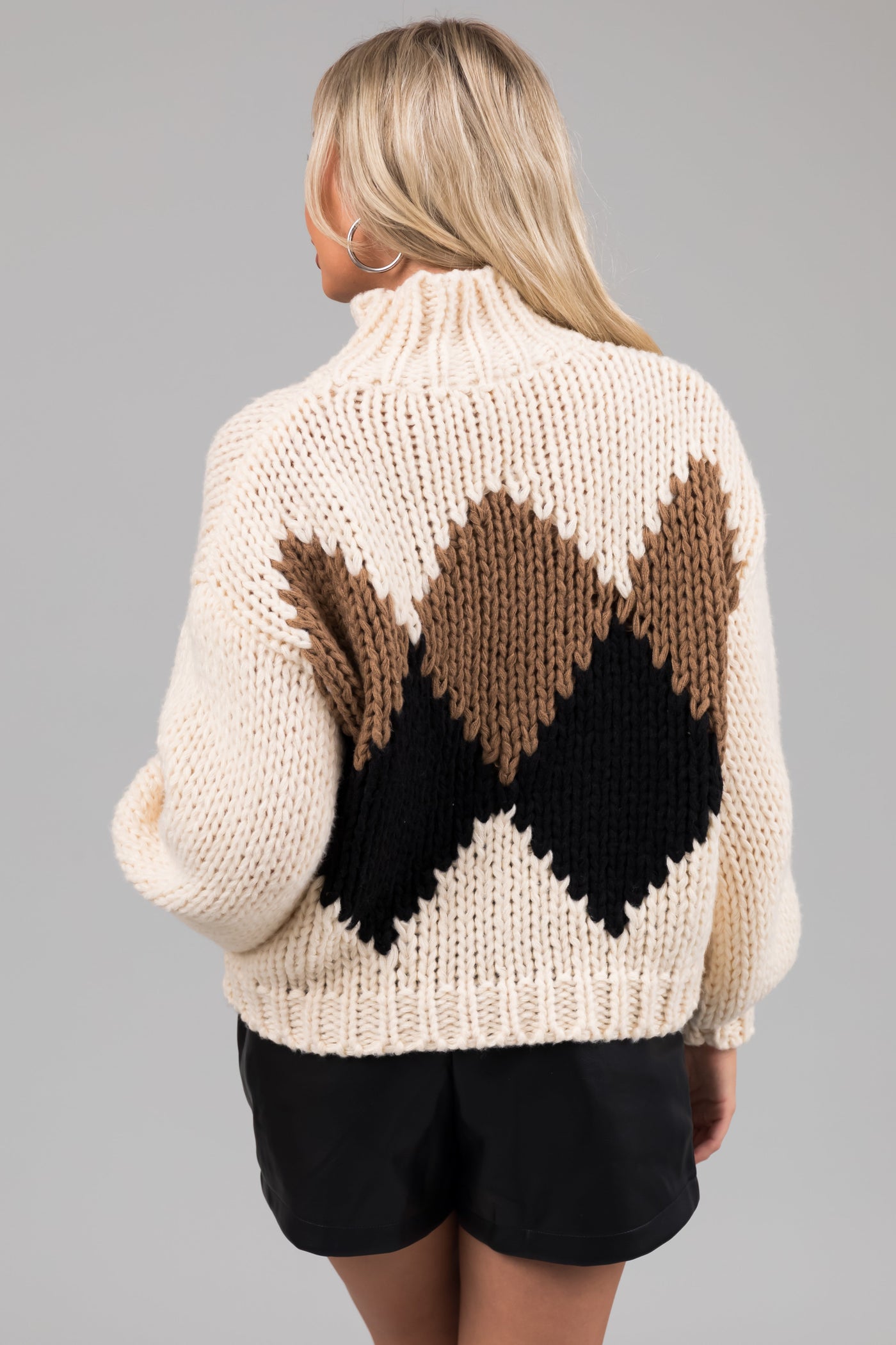 Cream Long Sleeve Printed Mock Neck Knit Sweater