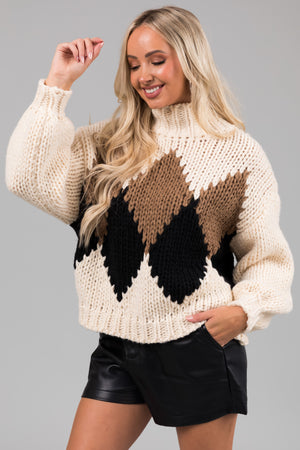 Cream Long Sleeve Printed Mock Neck Knit Sweater