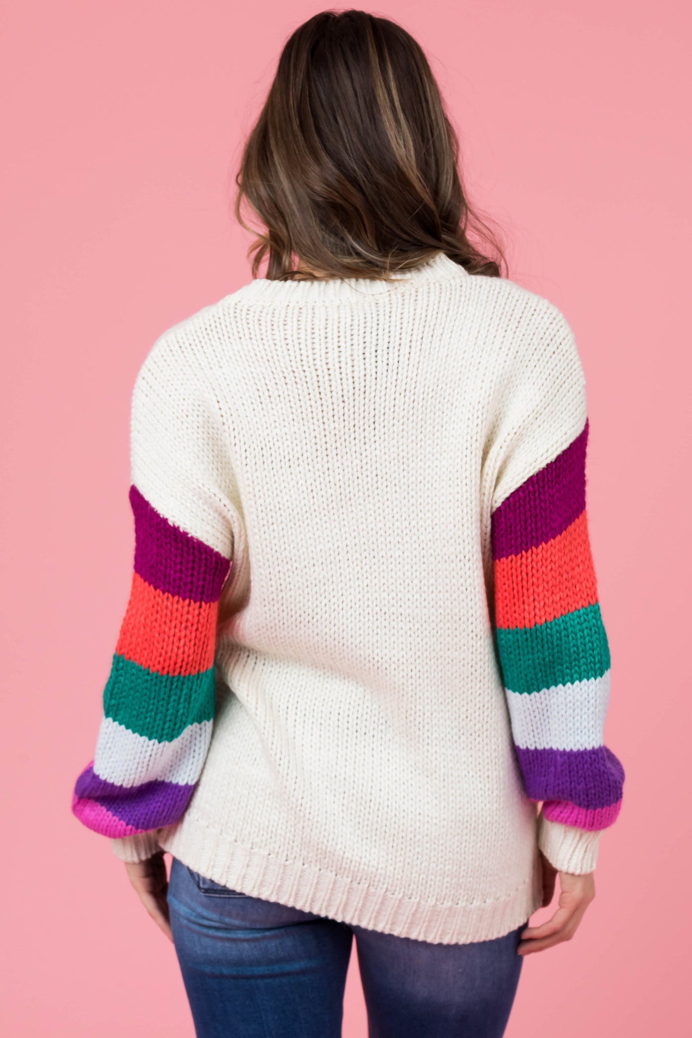 Cream Multicolor Heart and Stripe Print Sweater