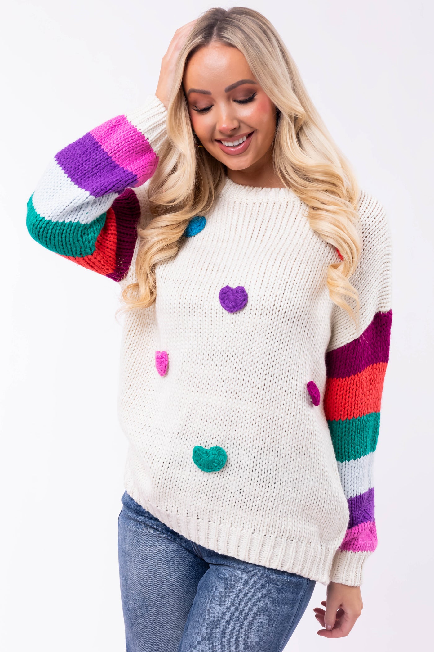 Cream Multicolor Heart and Stripe Print Sweater