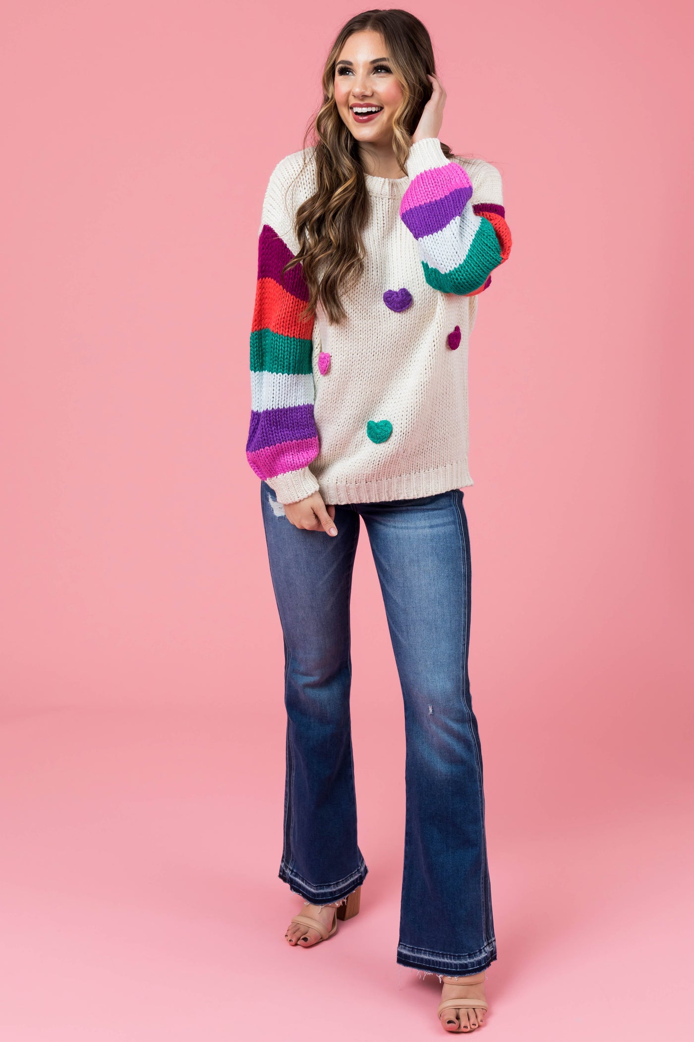 Cream Multicolor Heart and Stripe Print Sweater