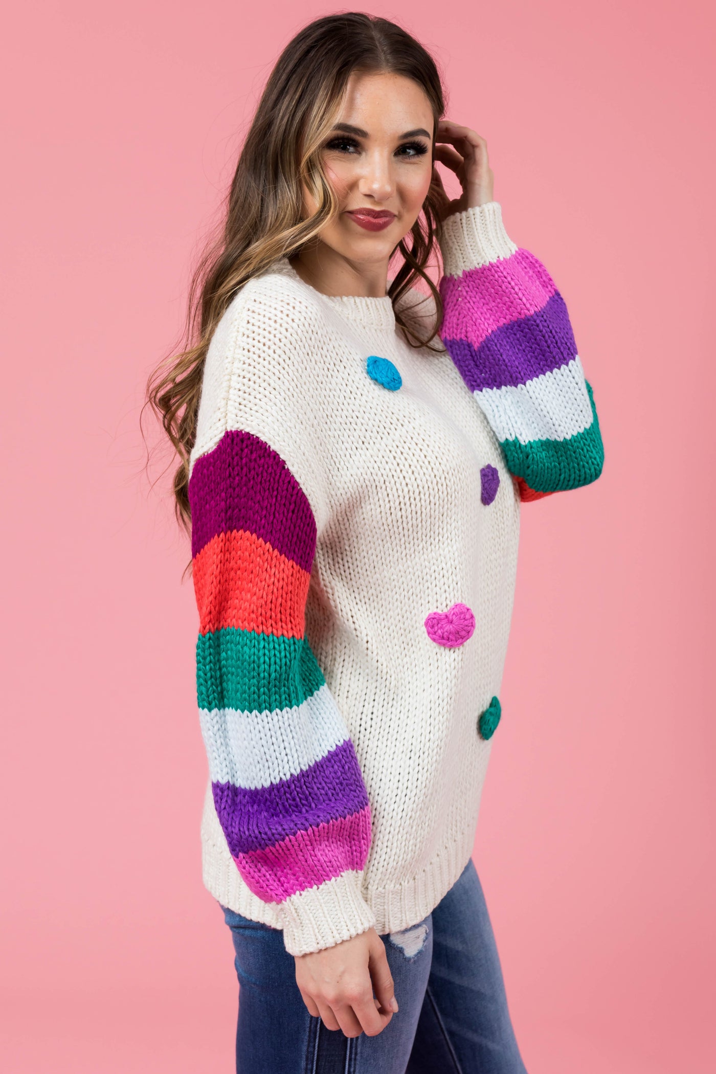 Cream Multicolor Heart and Stripe Print Sweater