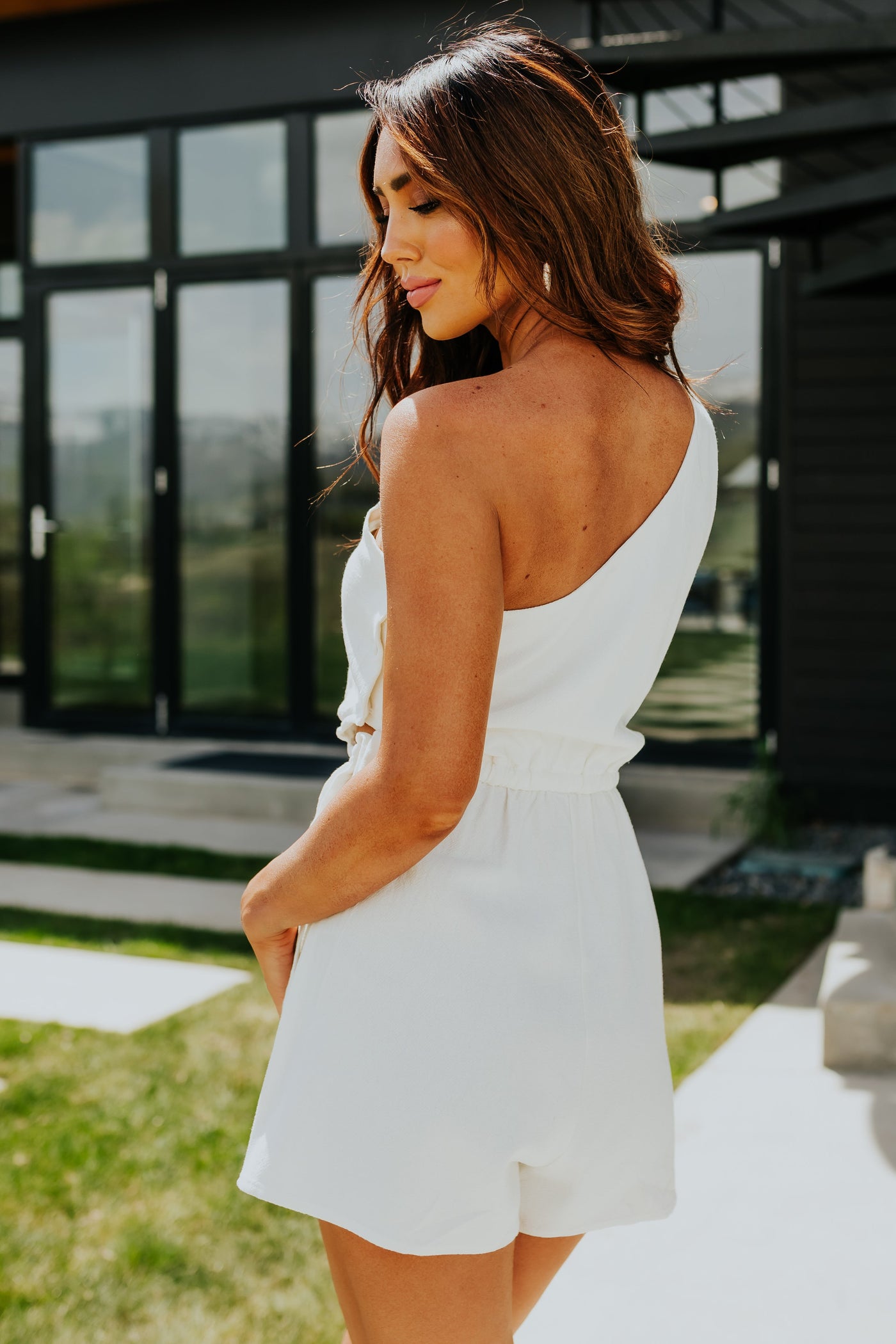 Cream One Shoulder Waist Cut Out Romper