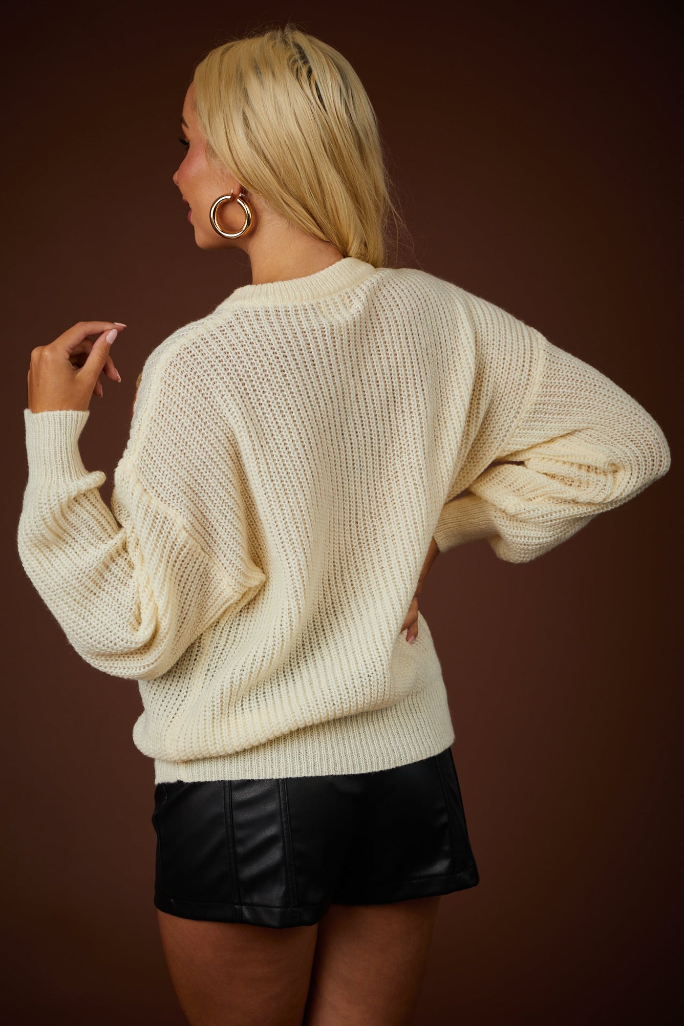 Cream 'Pumpkin' Yarn Stitch Ribbed Knit Sweater