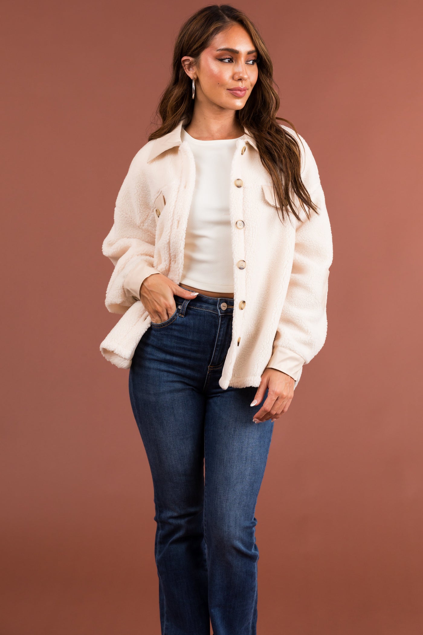 Cream Sherpa Shacket with Faux Leather Detail