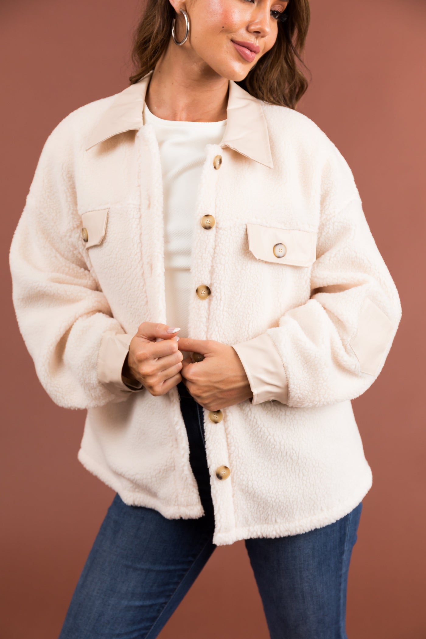 Cream Sherpa Shacket with Faux Leather Detail
