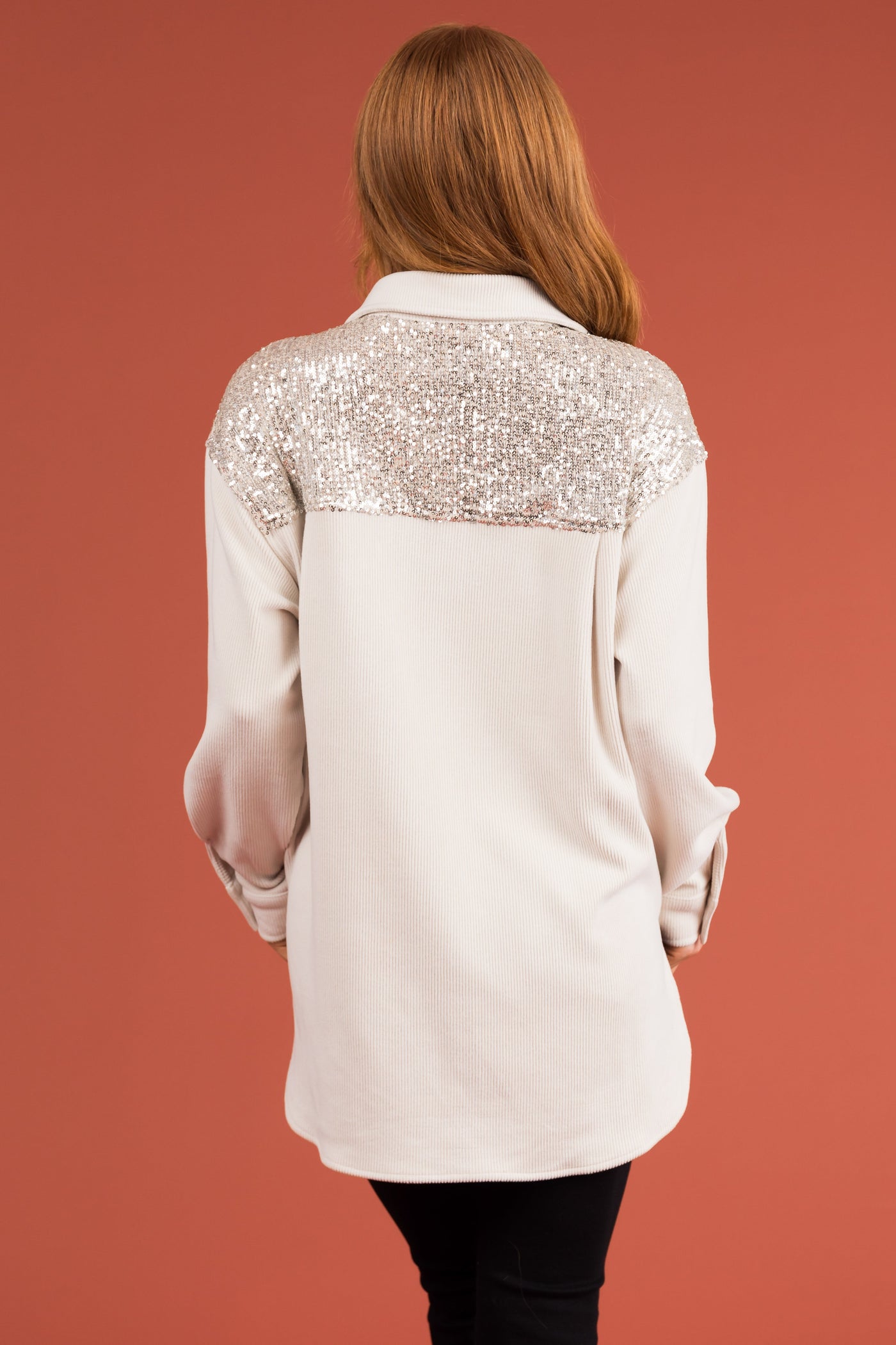 Cream Soft Corduroy Shacket with Sequin Detail