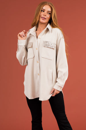 Cream Soft Corduroy Shacket with Sequin Detail
