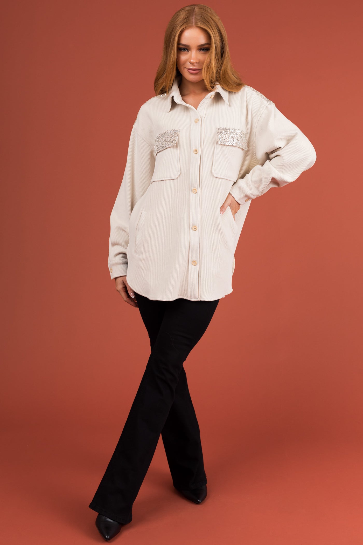 Cream Soft Corduroy Shacket with Sequin Detail