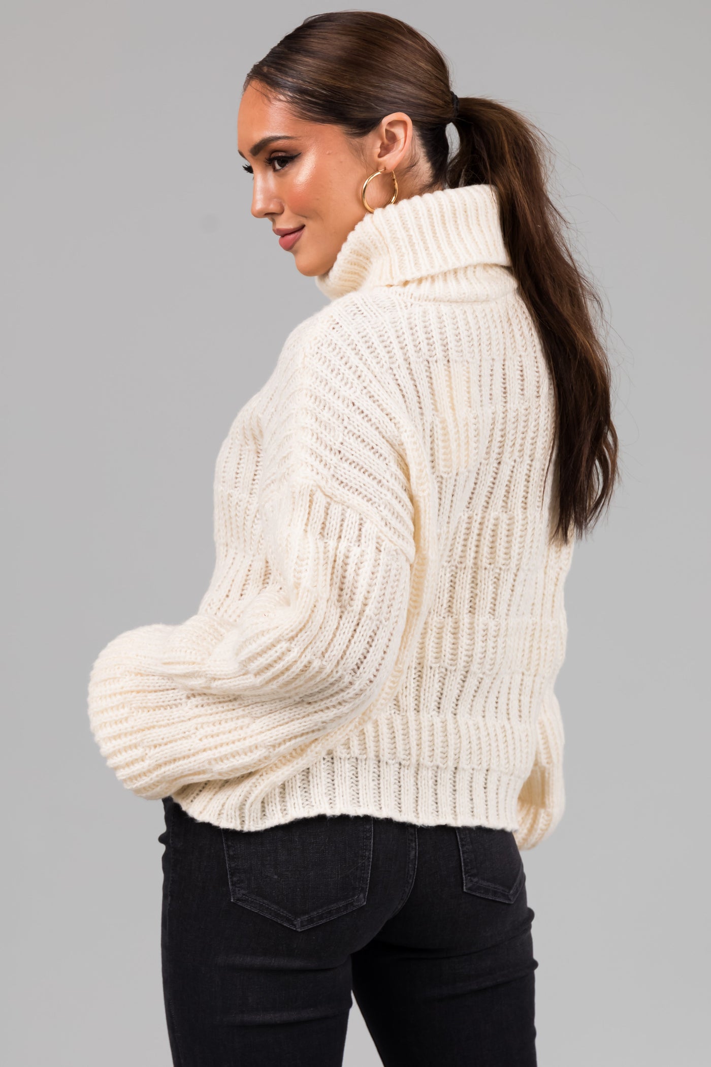 Cream Soft Knit Textured Turtleneck Sweater