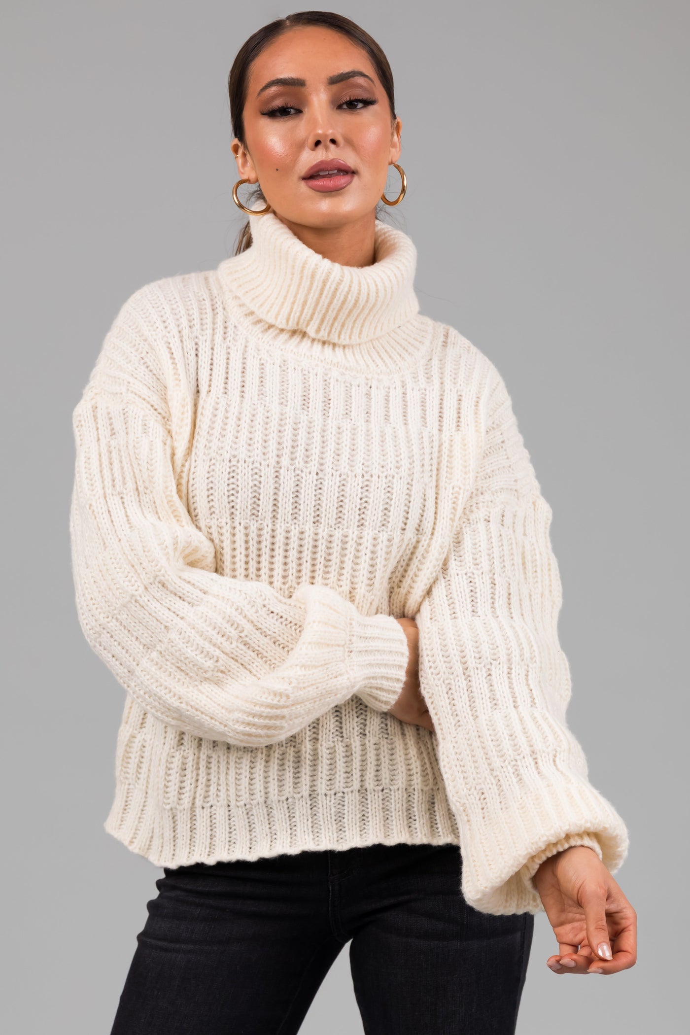 Cream Soft Knit Textured Turtleneck Sweater