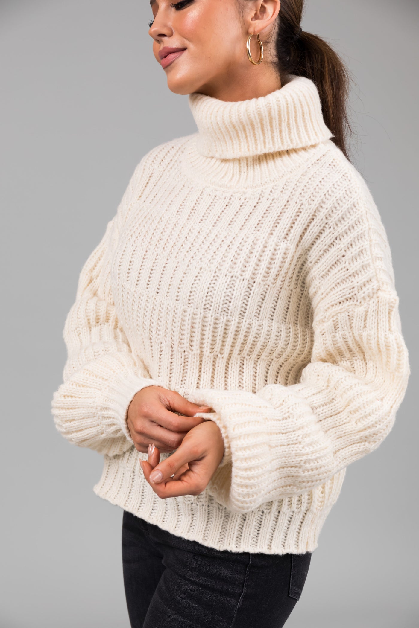 Cream Soft Knit Textured Turtleneck Sweater