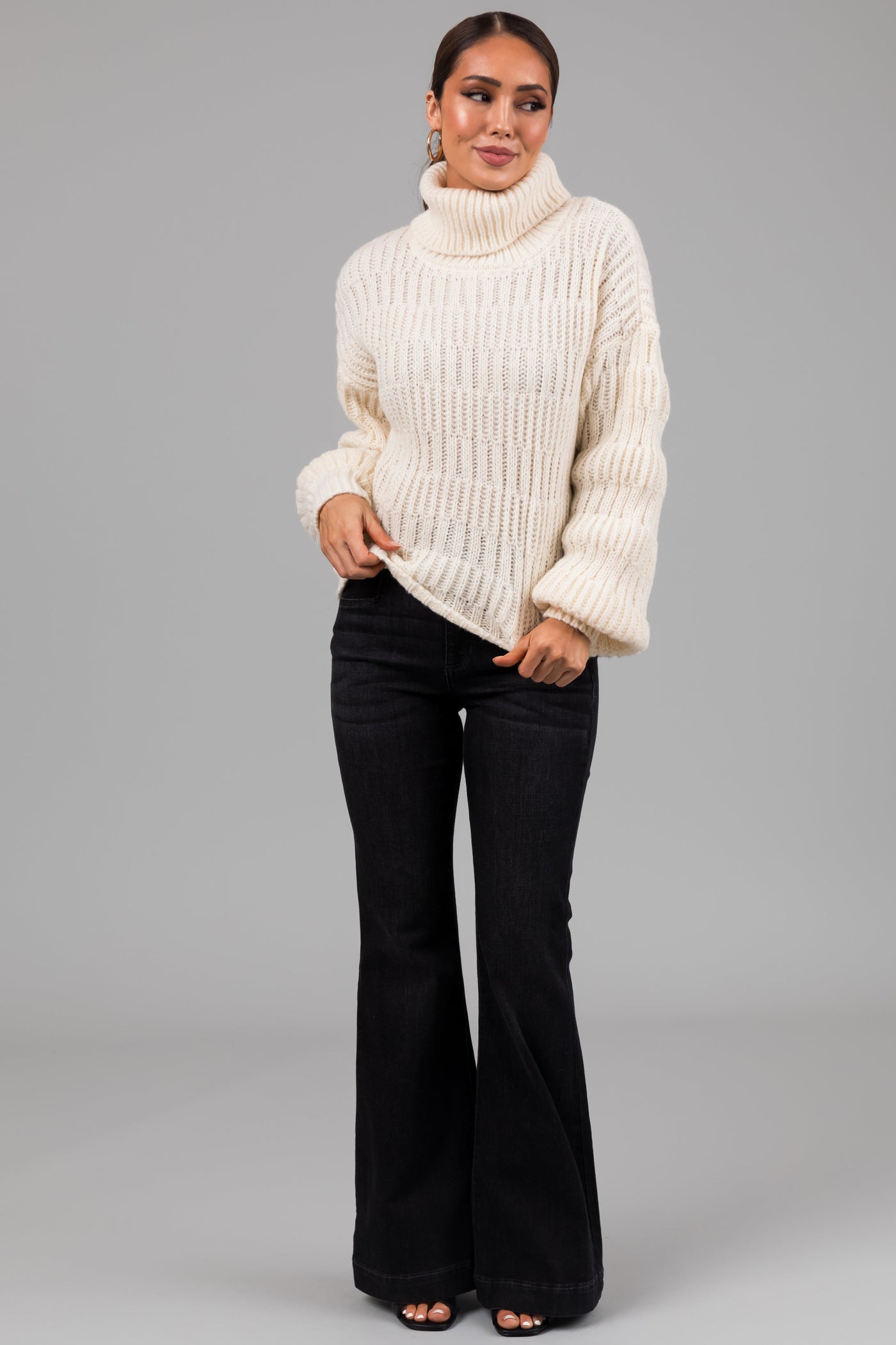 Cream Soft Knit Textured Turtleneck Sweater