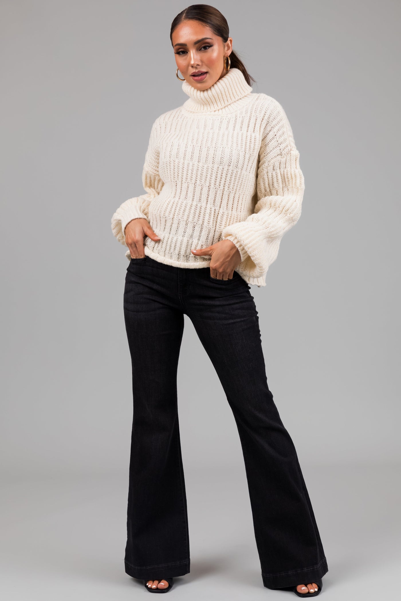 Cream Soft Knit Textured Turtleneck Sweater