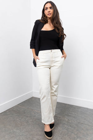 Cream Straight Fit High Waisted Twill Jeans