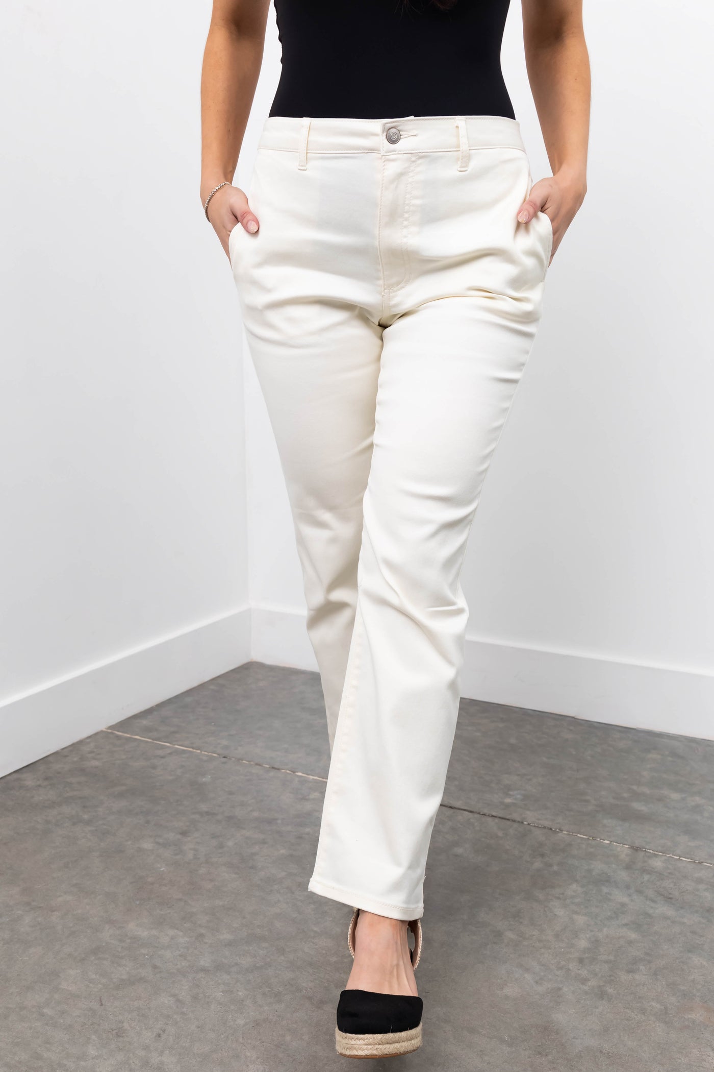 Cream Straight Fit High Waisted Twill Jeans