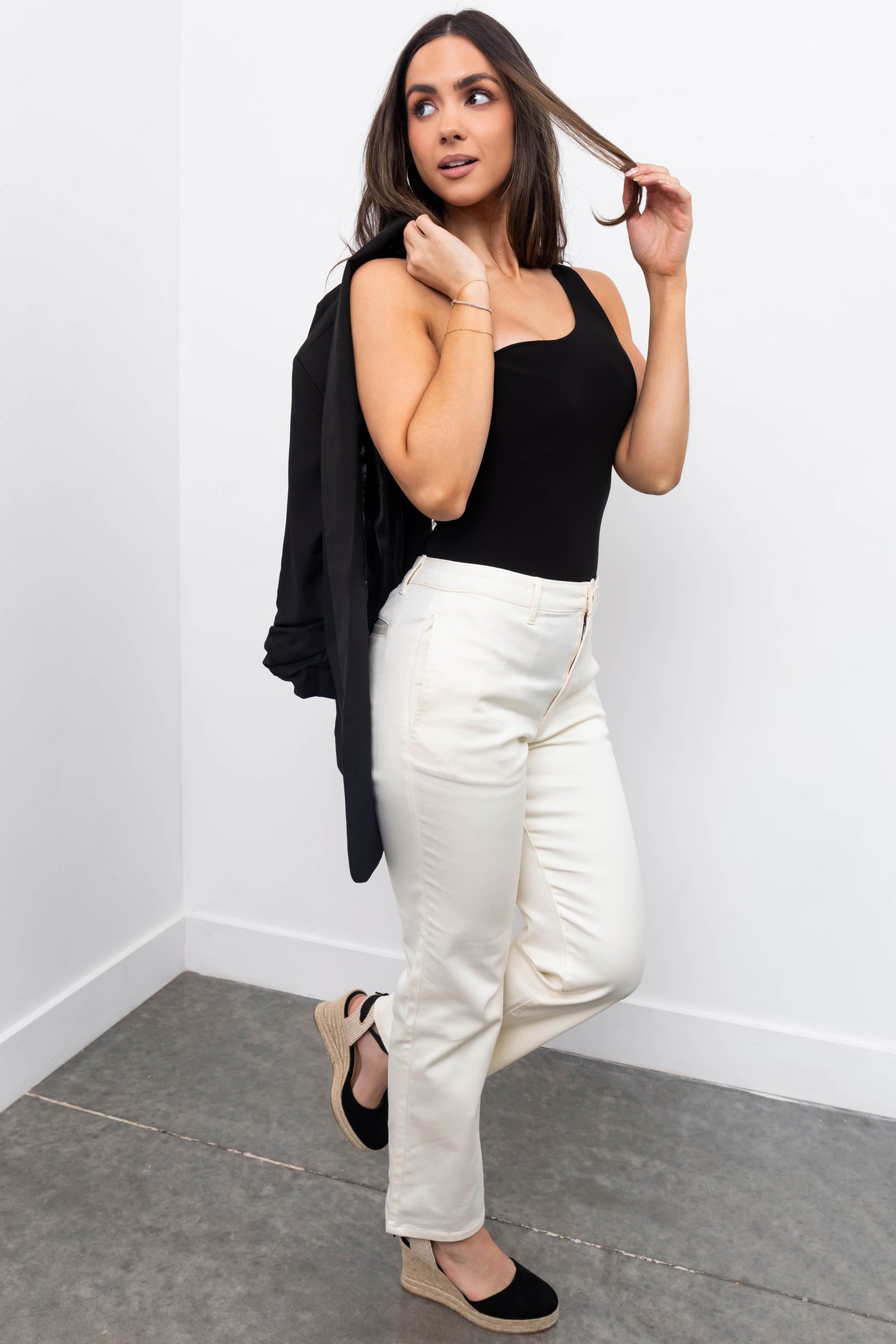 Cream Straight Fit High Waisted Twill Jeans