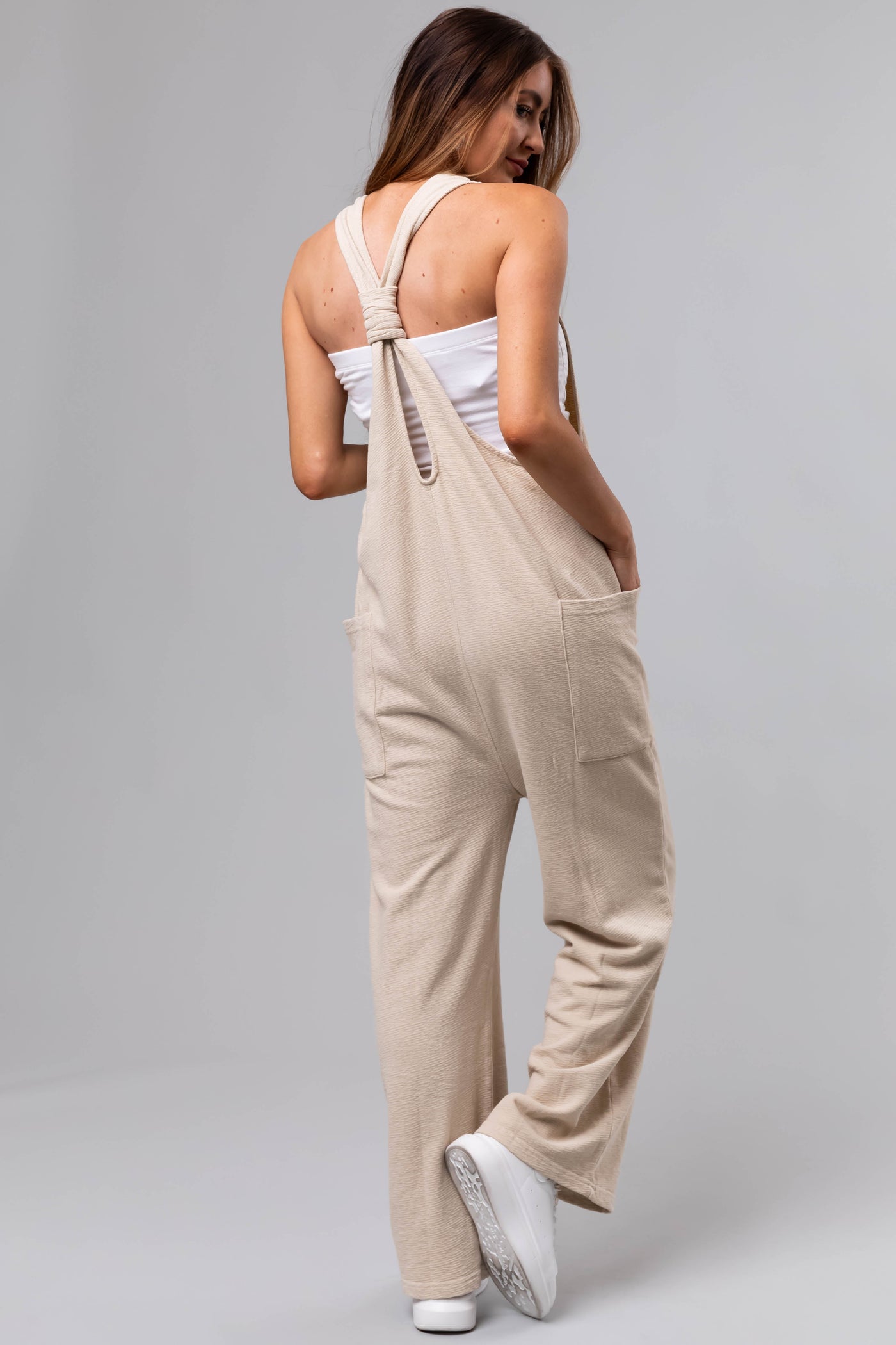 Cream Textured Knit Sleeveless Slouchy Jumpsuit