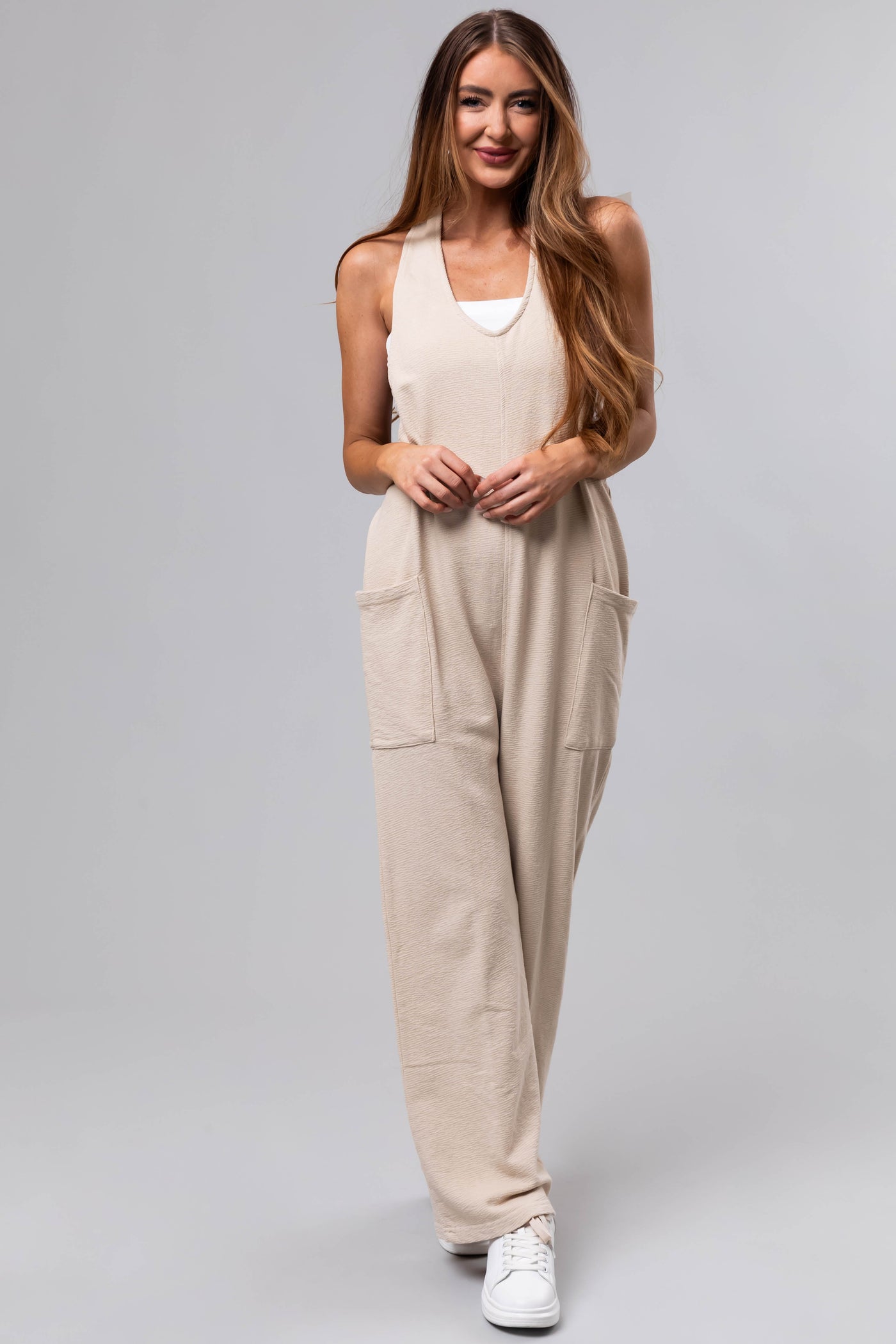Cream Textured Knit Sleeveless Slouchy Jumpsuit