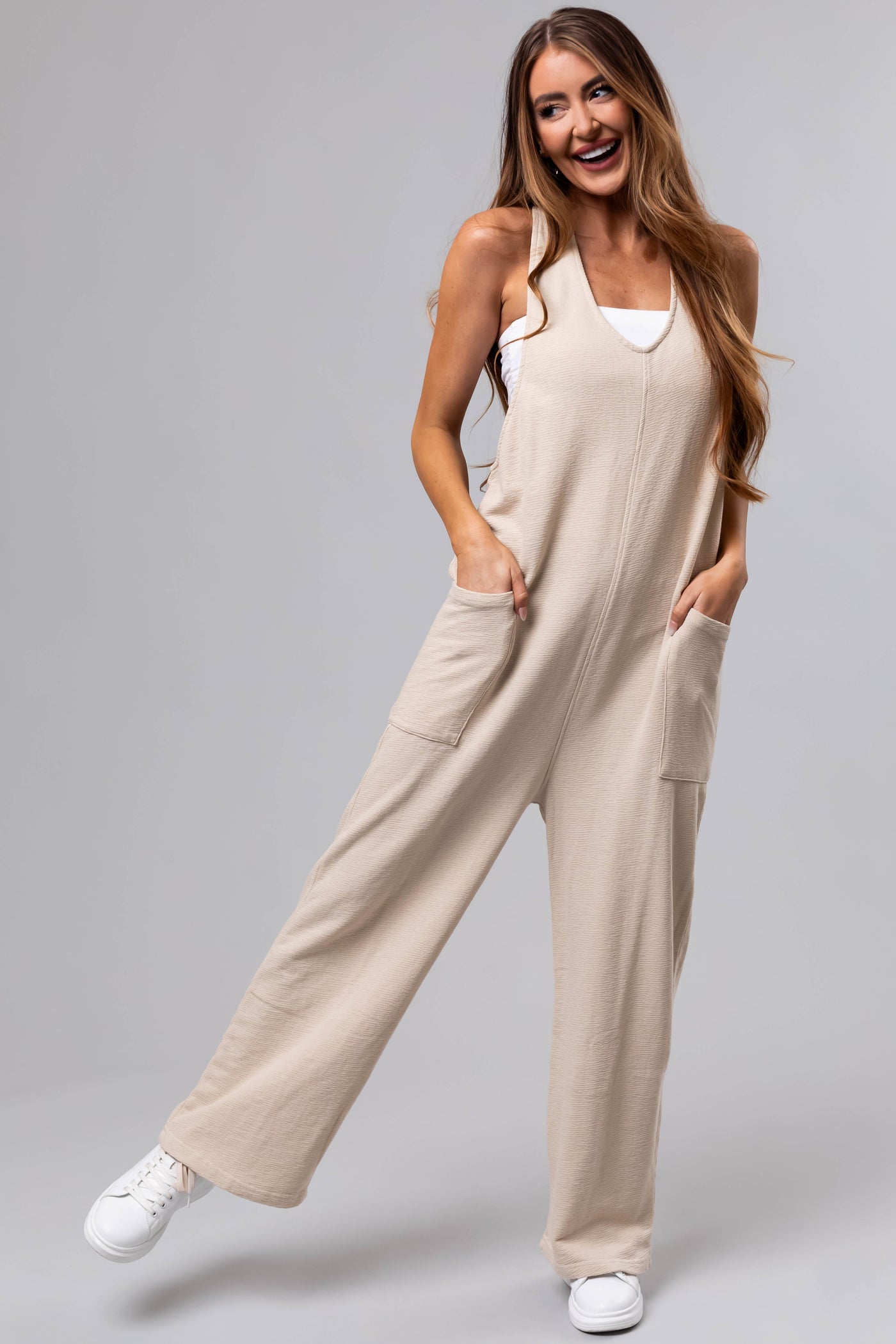 Cream Textured Knit Sleeveless Slouchy Jumpsuit