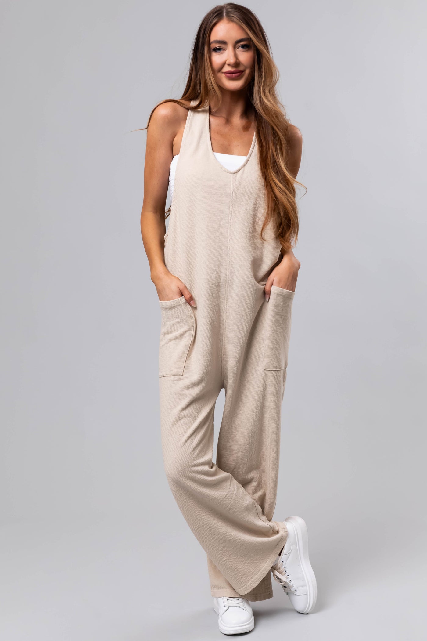 Cream Textured Knit Sleeveless Slouchy Jumpsuit