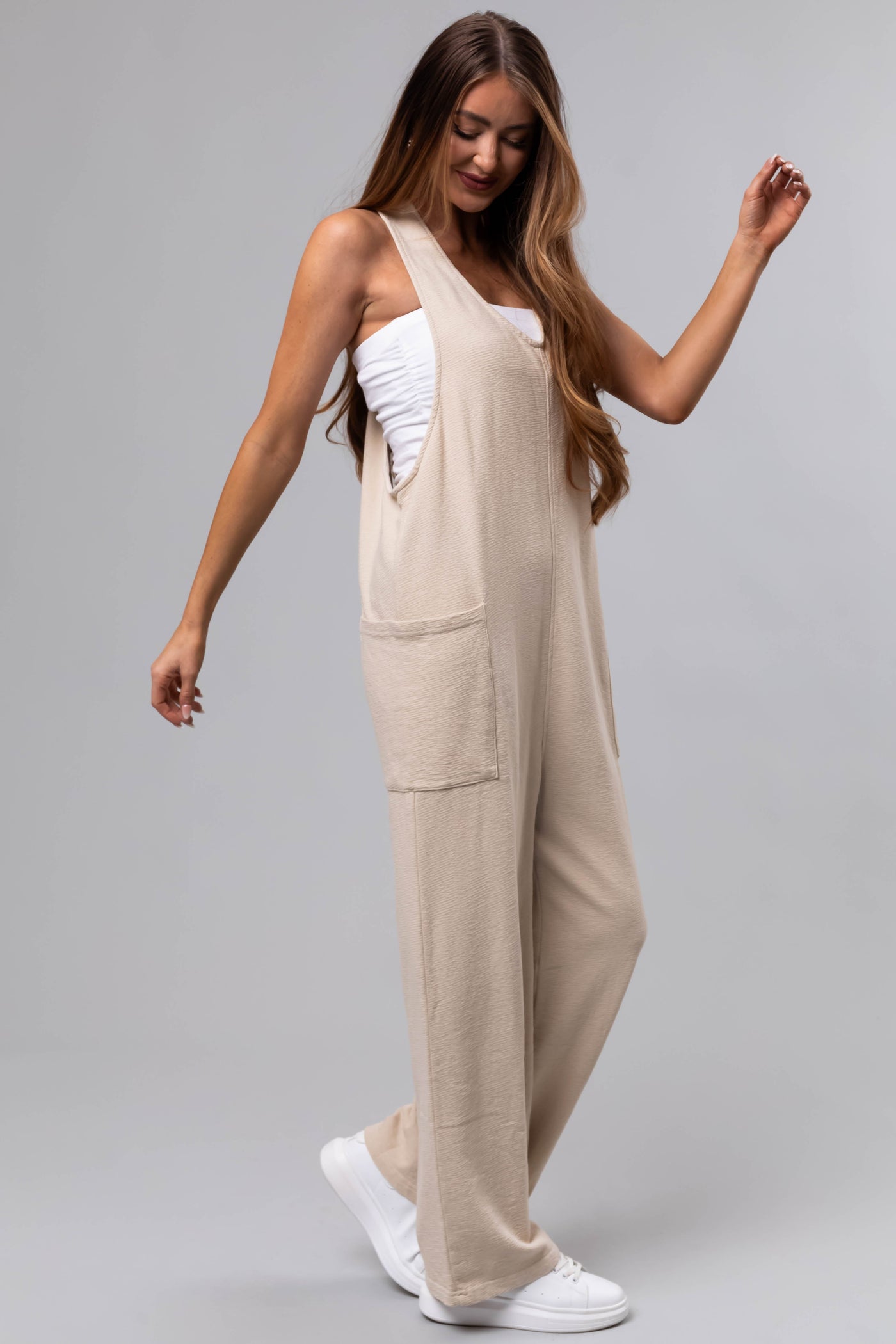 Cream Textured Knit Sleeveless Slouchy Jumpsuit