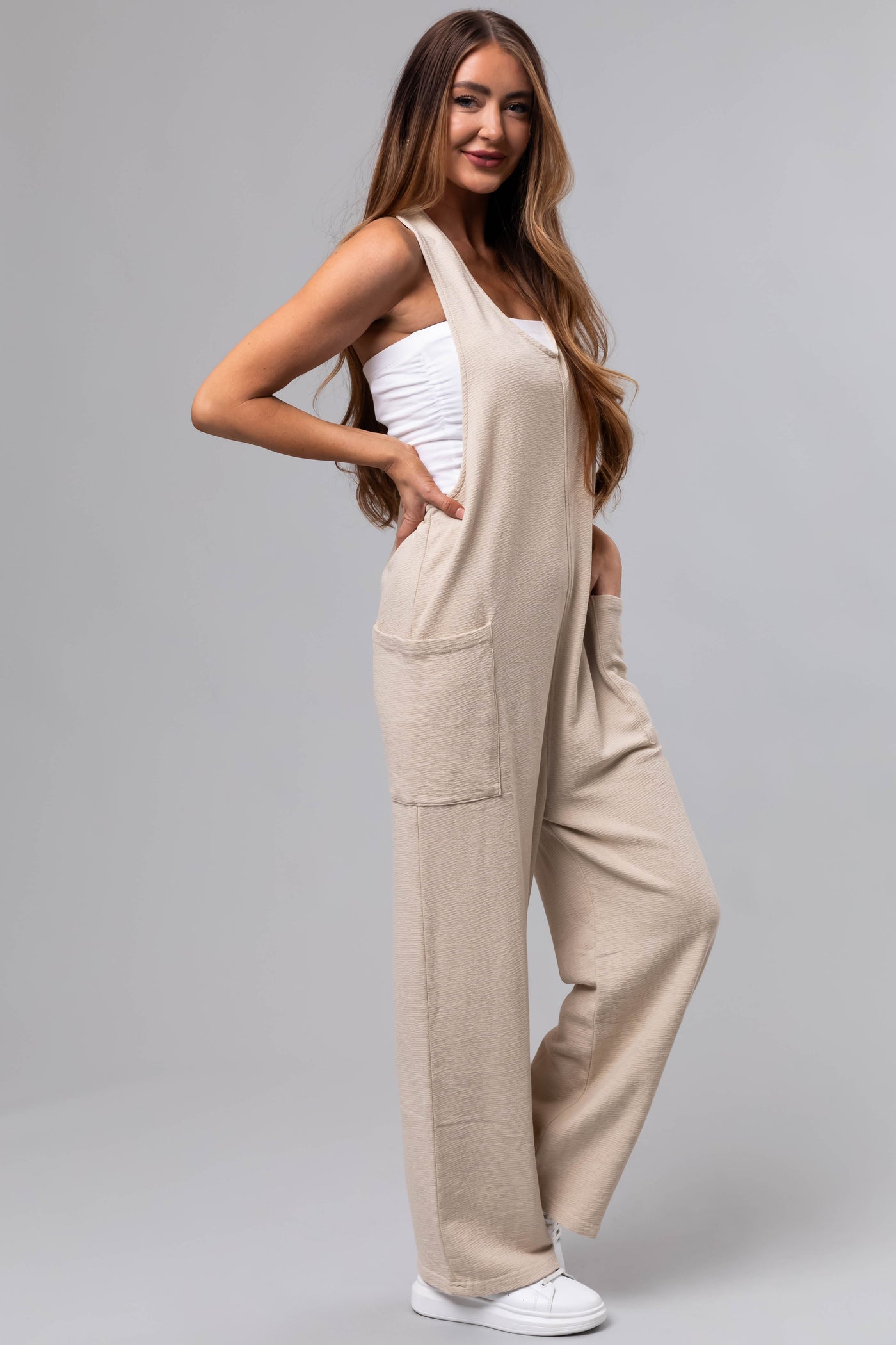 Cream Textured Knit Sleeveless Slouchy Jumpsuit