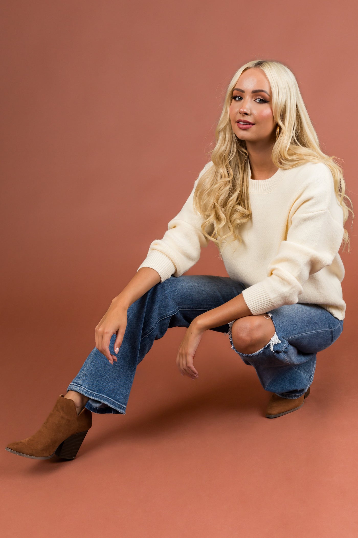 Cream Thick Knit Crew Neck Sweater