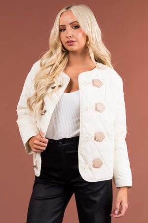 Cream Toggle Button Long Sleeve Quilted Jacket