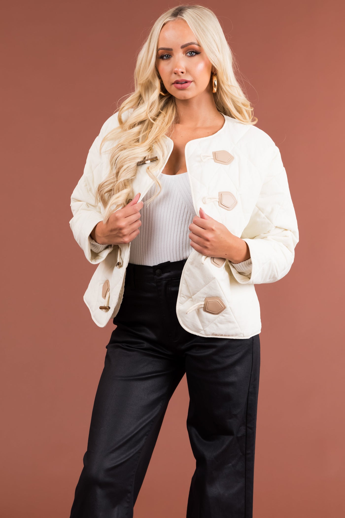 Cream Toggle Button Long Sleeve Quilted Jacket