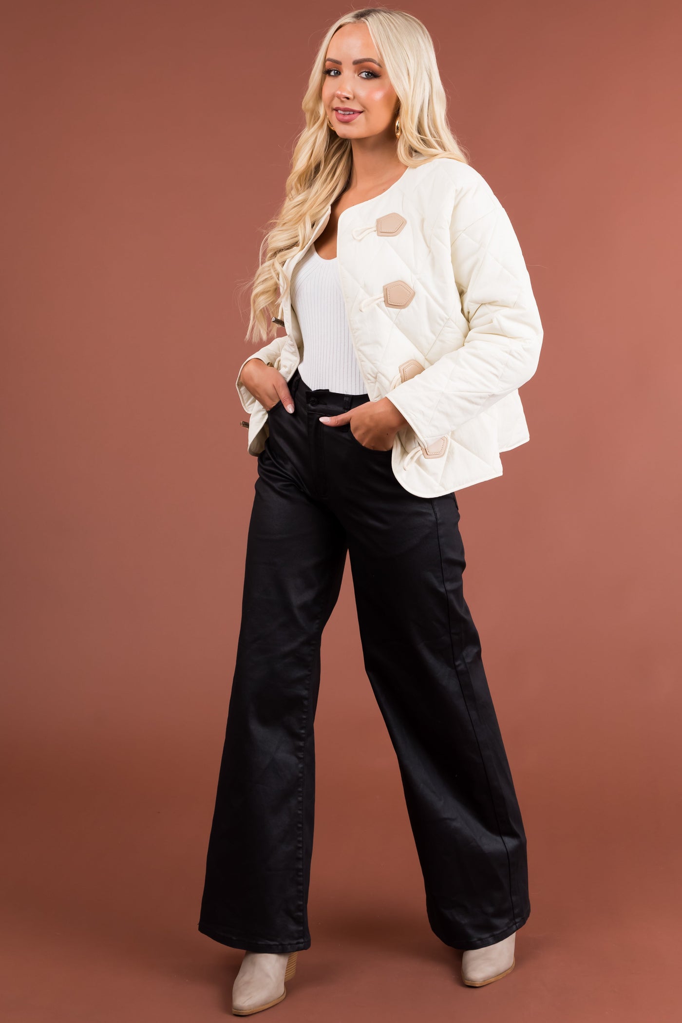 Cream Toggle Button Long Sleeve Quilted Jacket