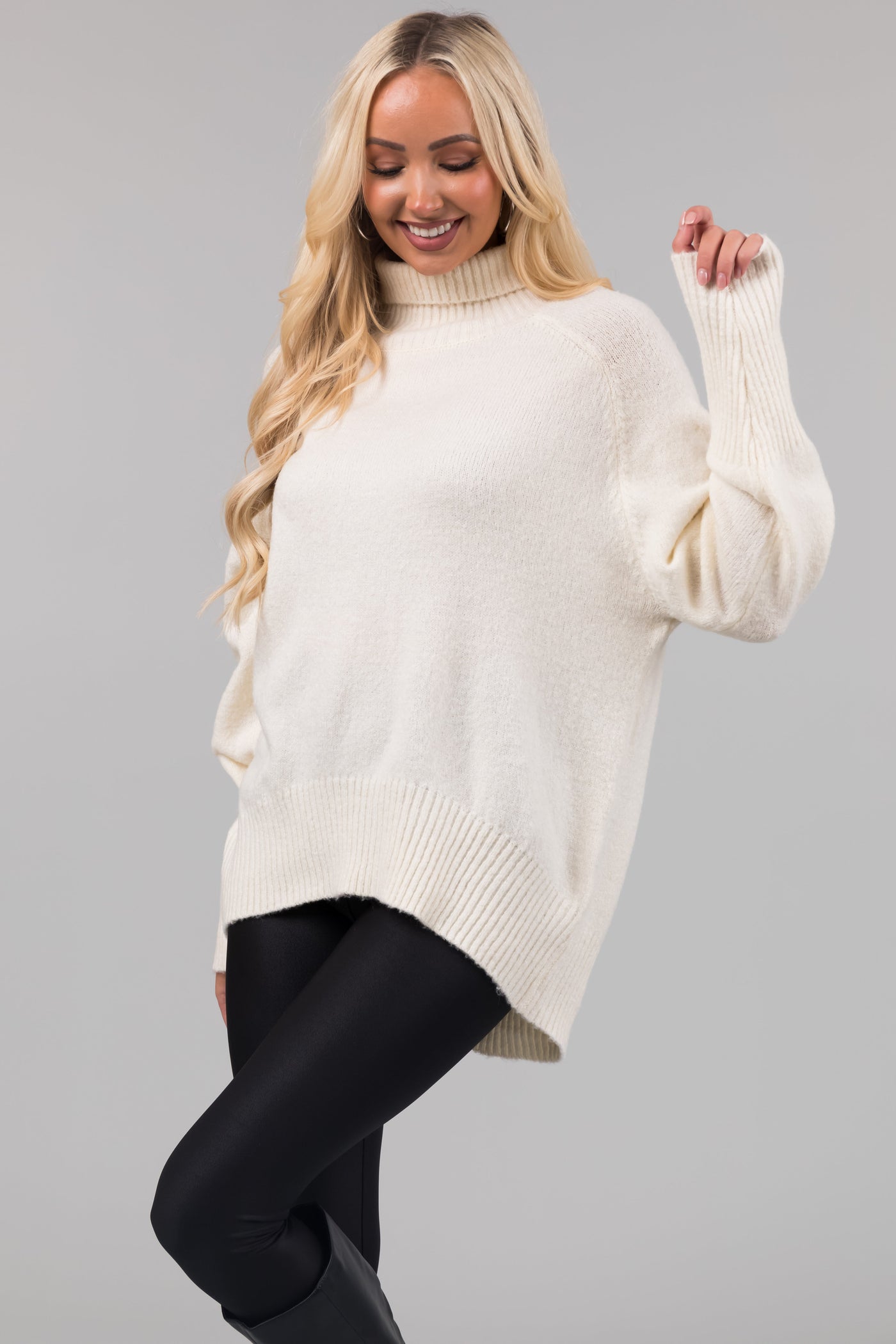 Cream Turtleneck Raglan Sleeve Soft Sweater