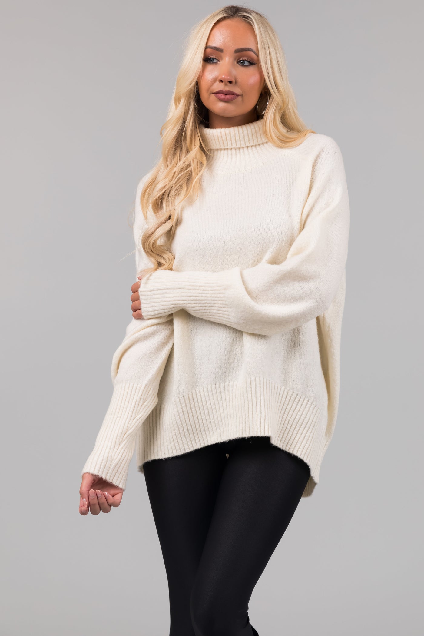 Cream Turtleneck Raglan Sleeve Soft Sweater