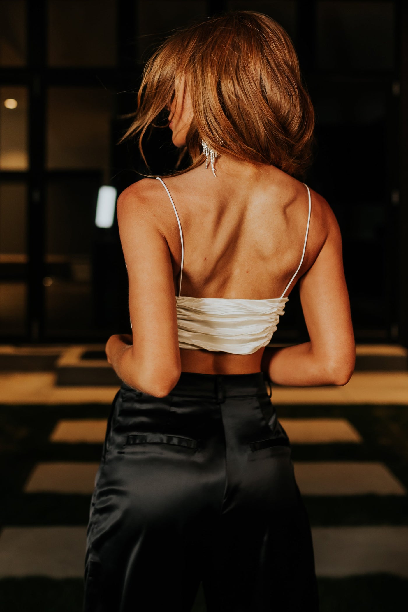 Cream Twist Front Textured Satin Crop Top