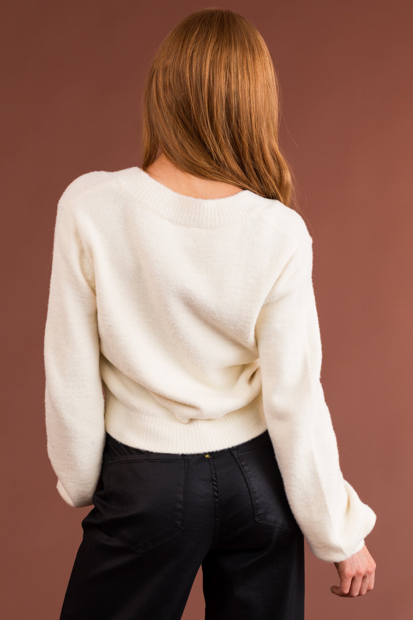 Cream V Neck Fuzzy Cropped Sweater