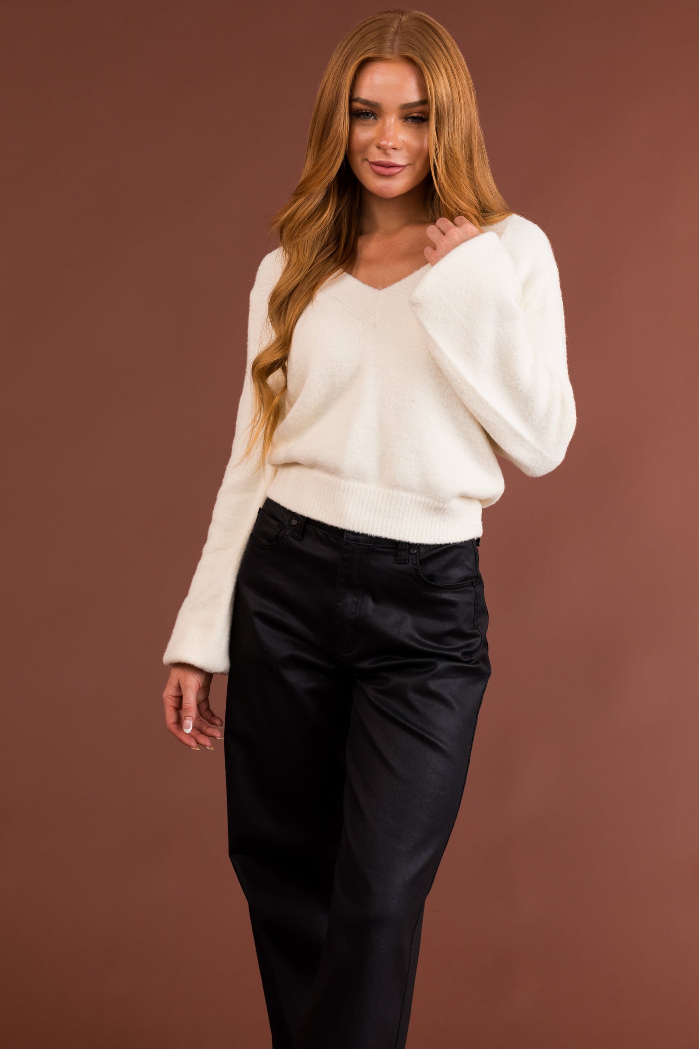 Cream V Neck Fuzzy Cropped Sweater