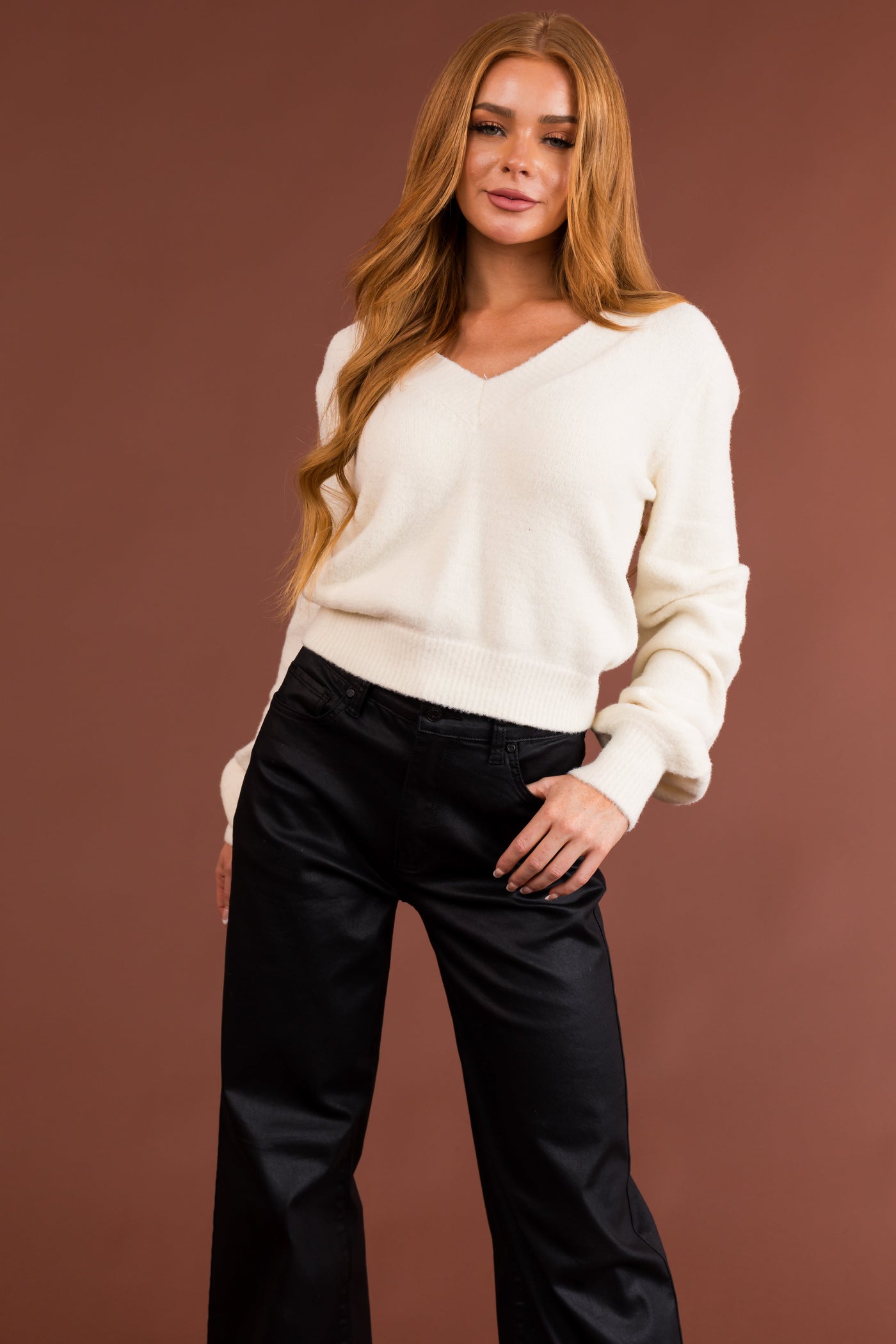 Cream V Neck Fuzzy Cropped Sweater