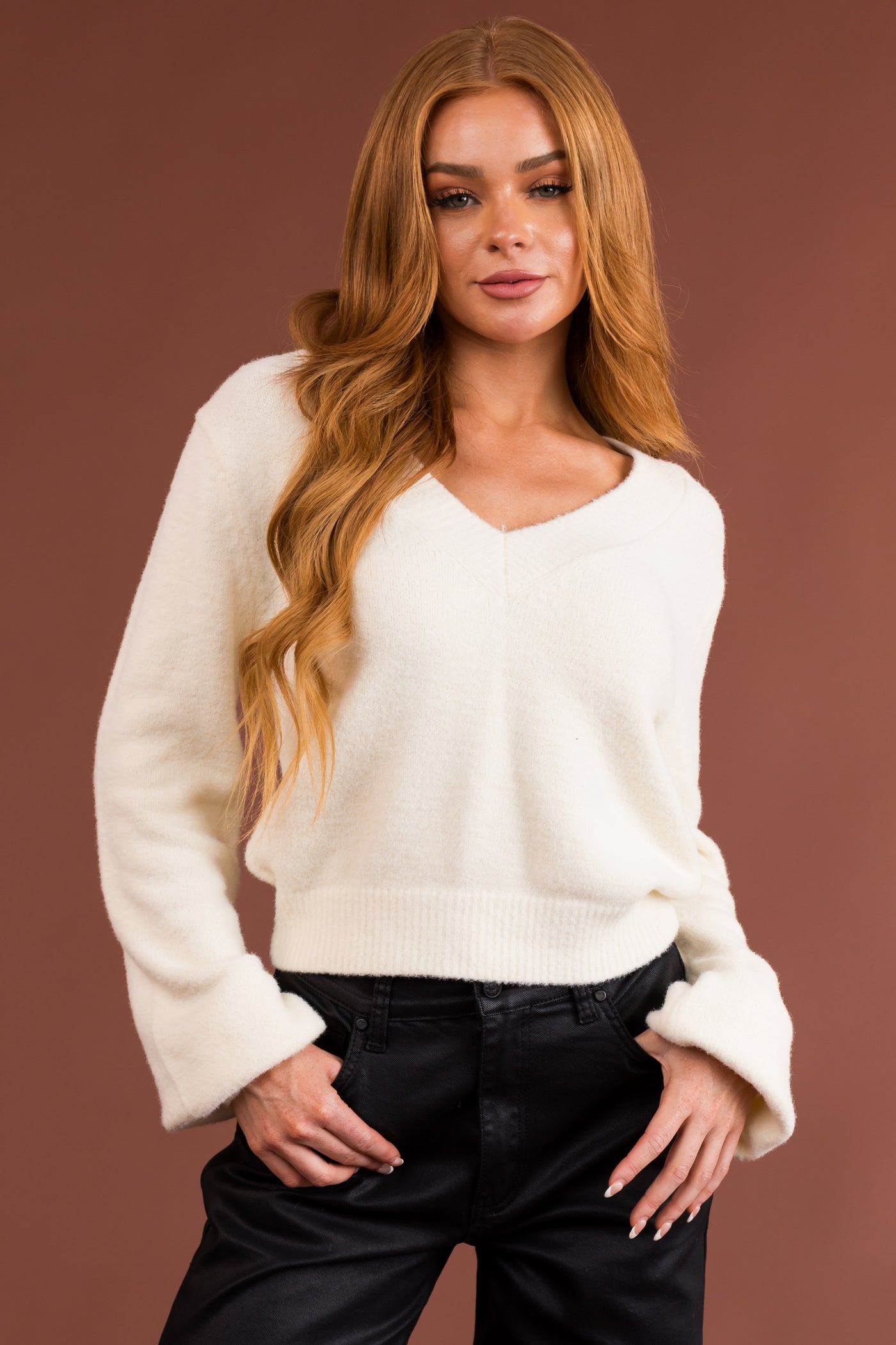 Cream V Neck Fuzzy Cropped Sweater