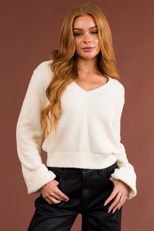 Cream V Neck Fuzzy Cropped Sweater