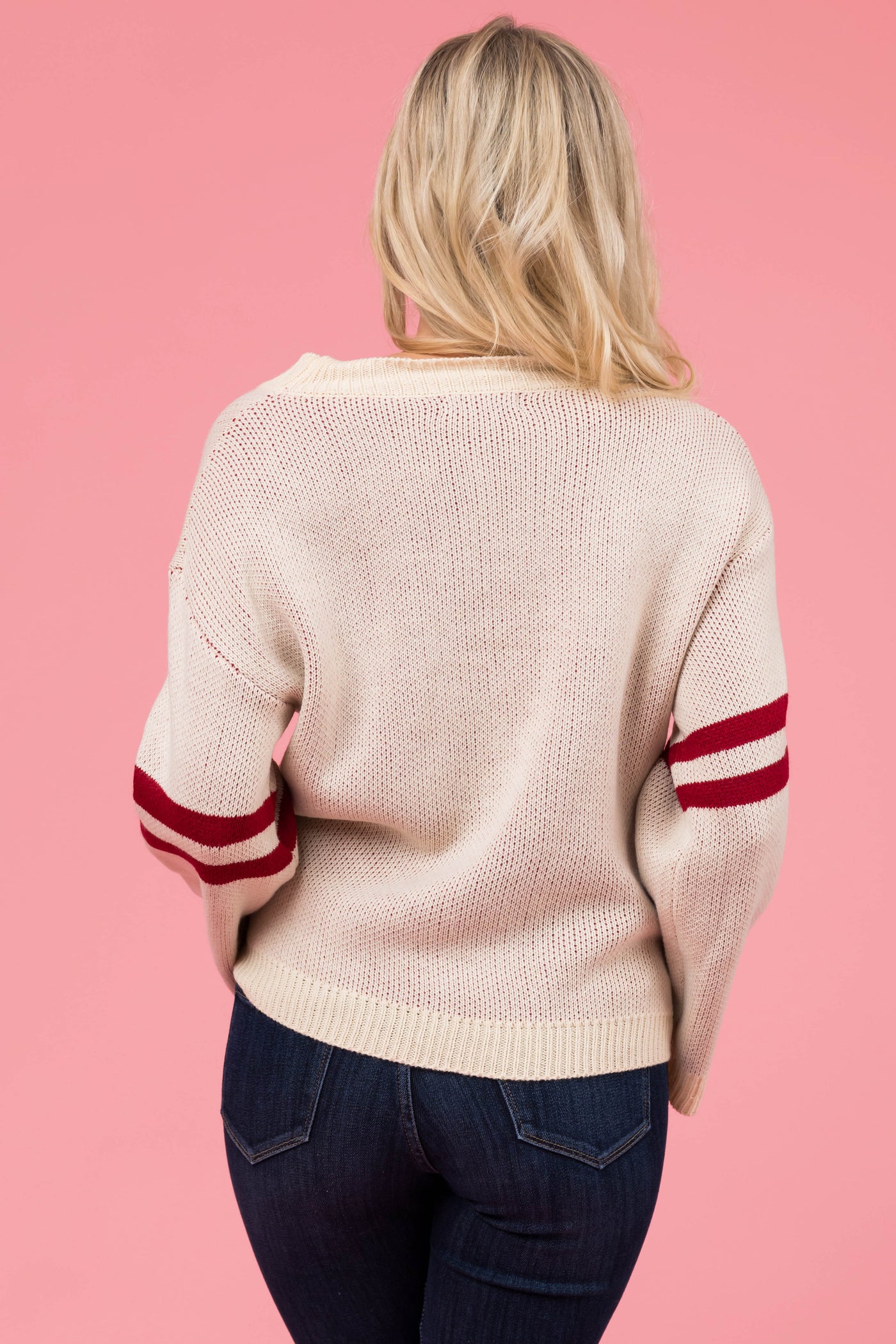 Cream and Cherry Heart Sweater with Stripe Sleeves