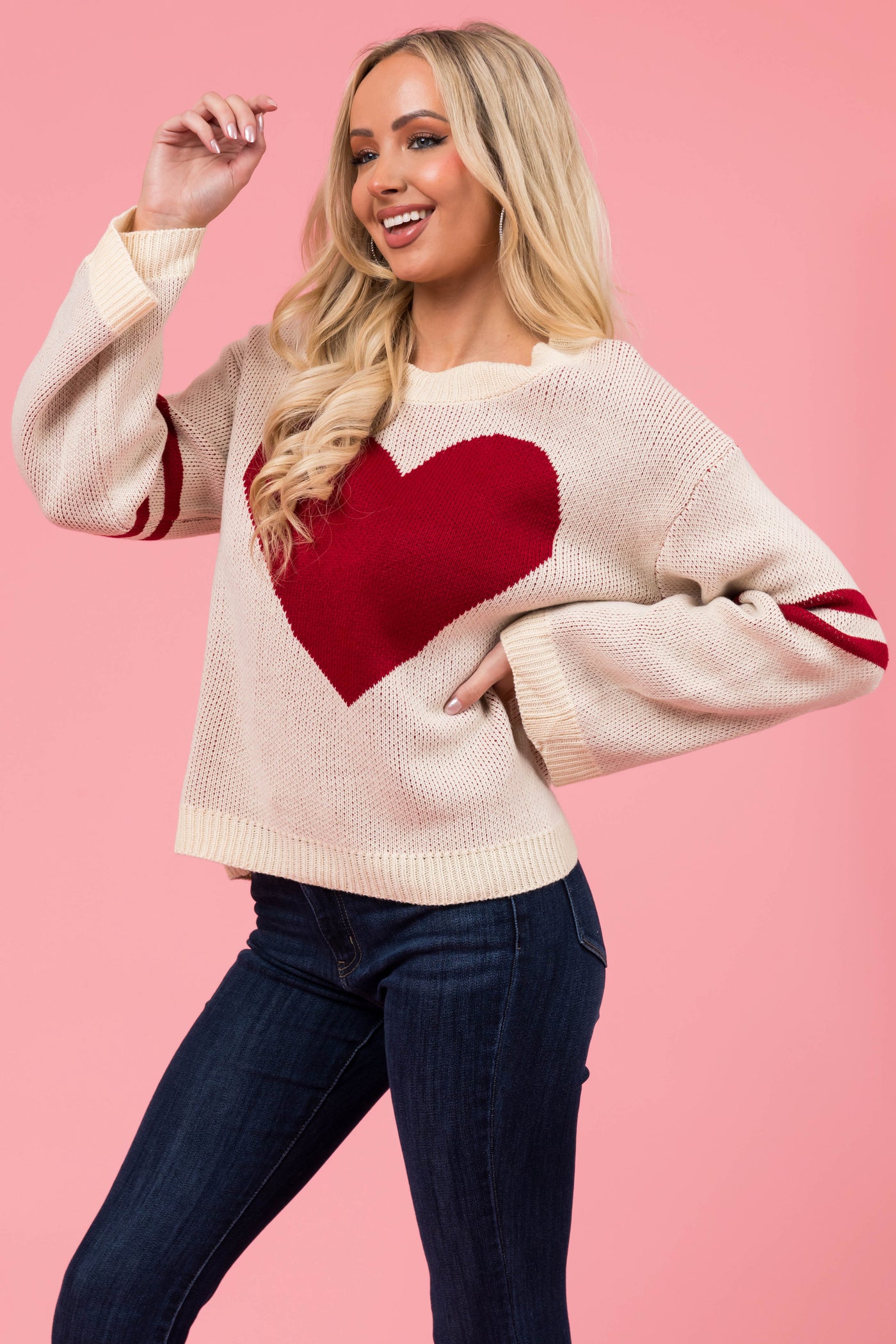 Cream and Cherry Heart Sweater with Stripe Sleeves