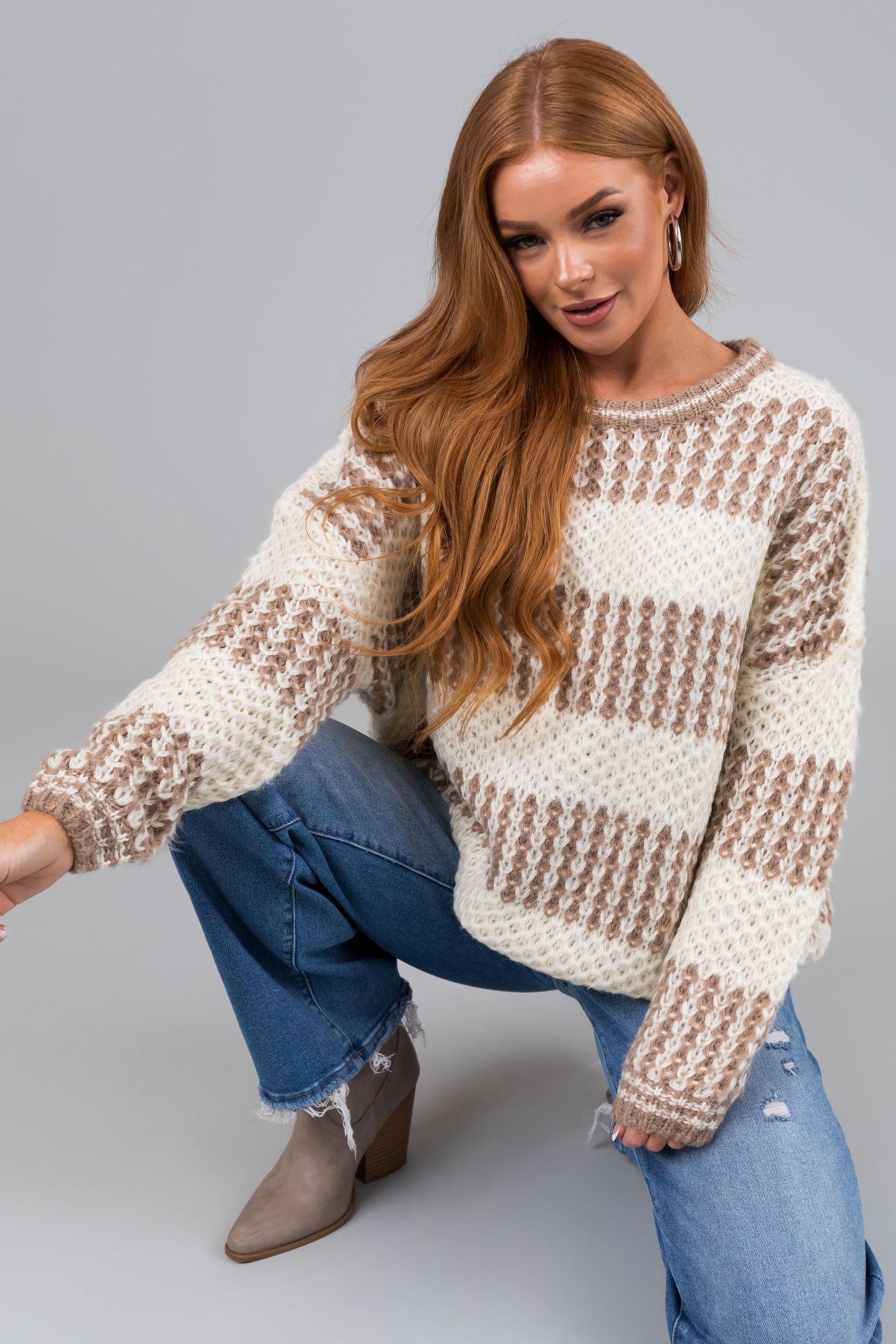 Cream and Coffee Striped Loose Knit Sweater