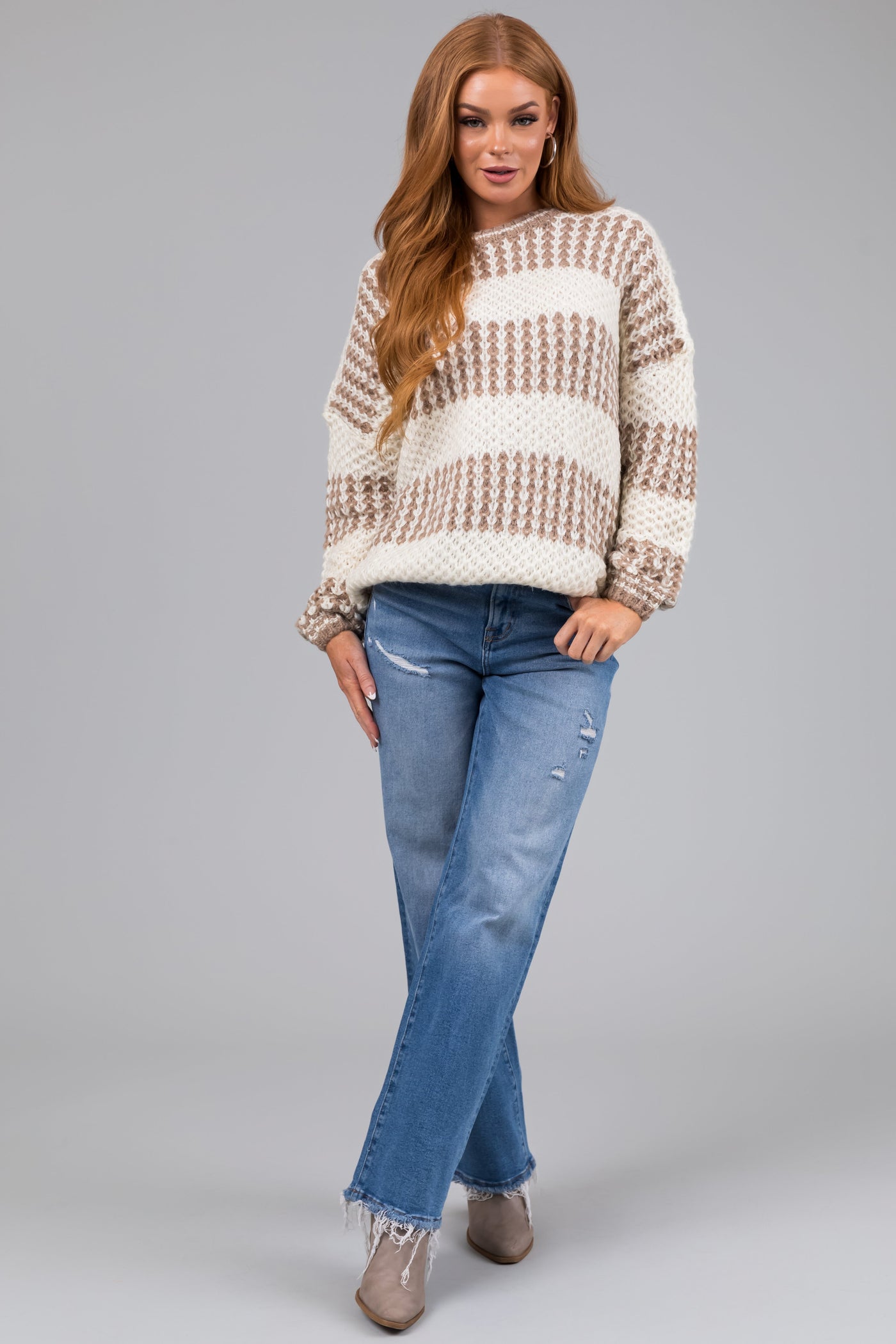 Cream and Coffee Striped Loose Knit Sweater