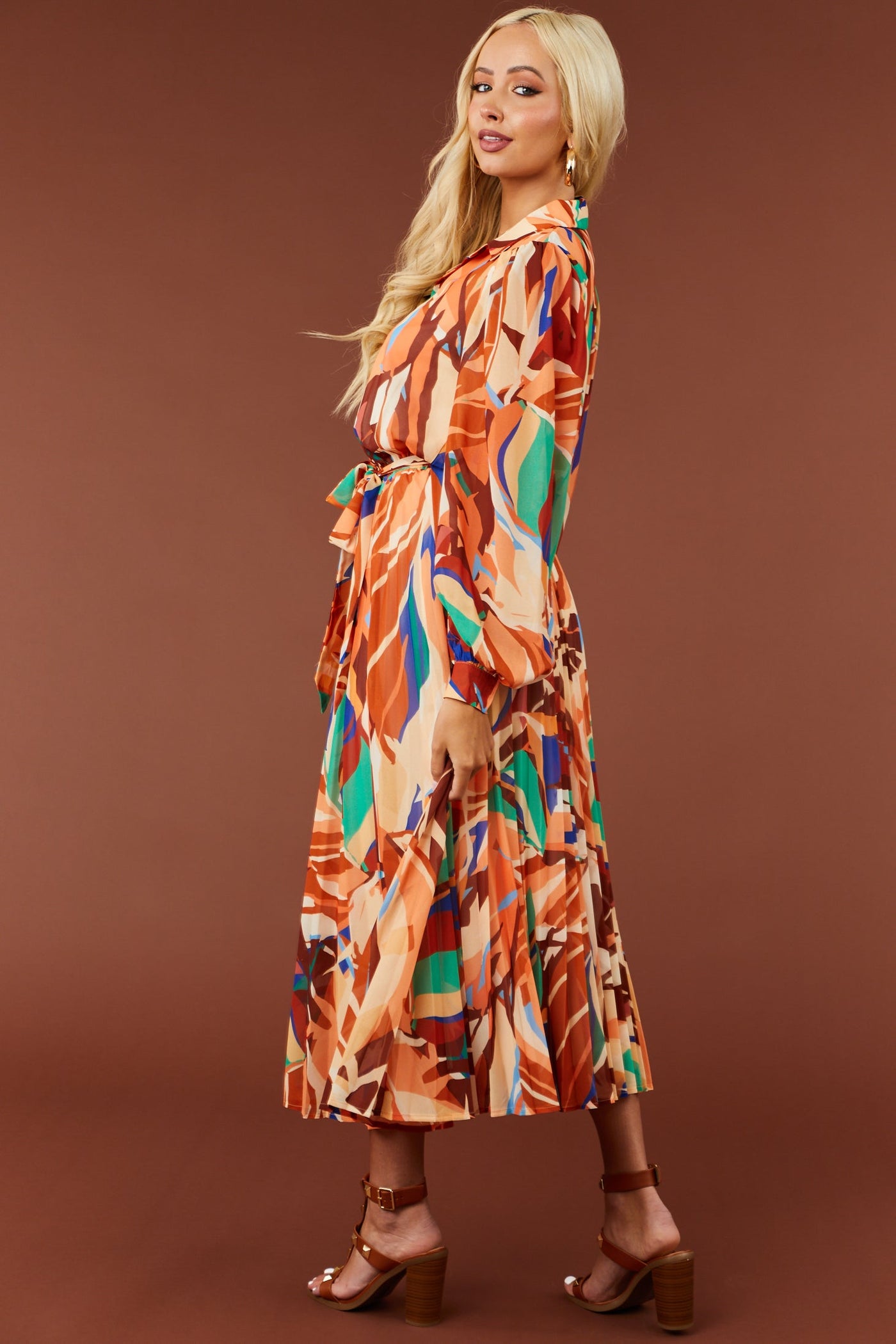 Cream and Melon Abstract Print Midi Dress